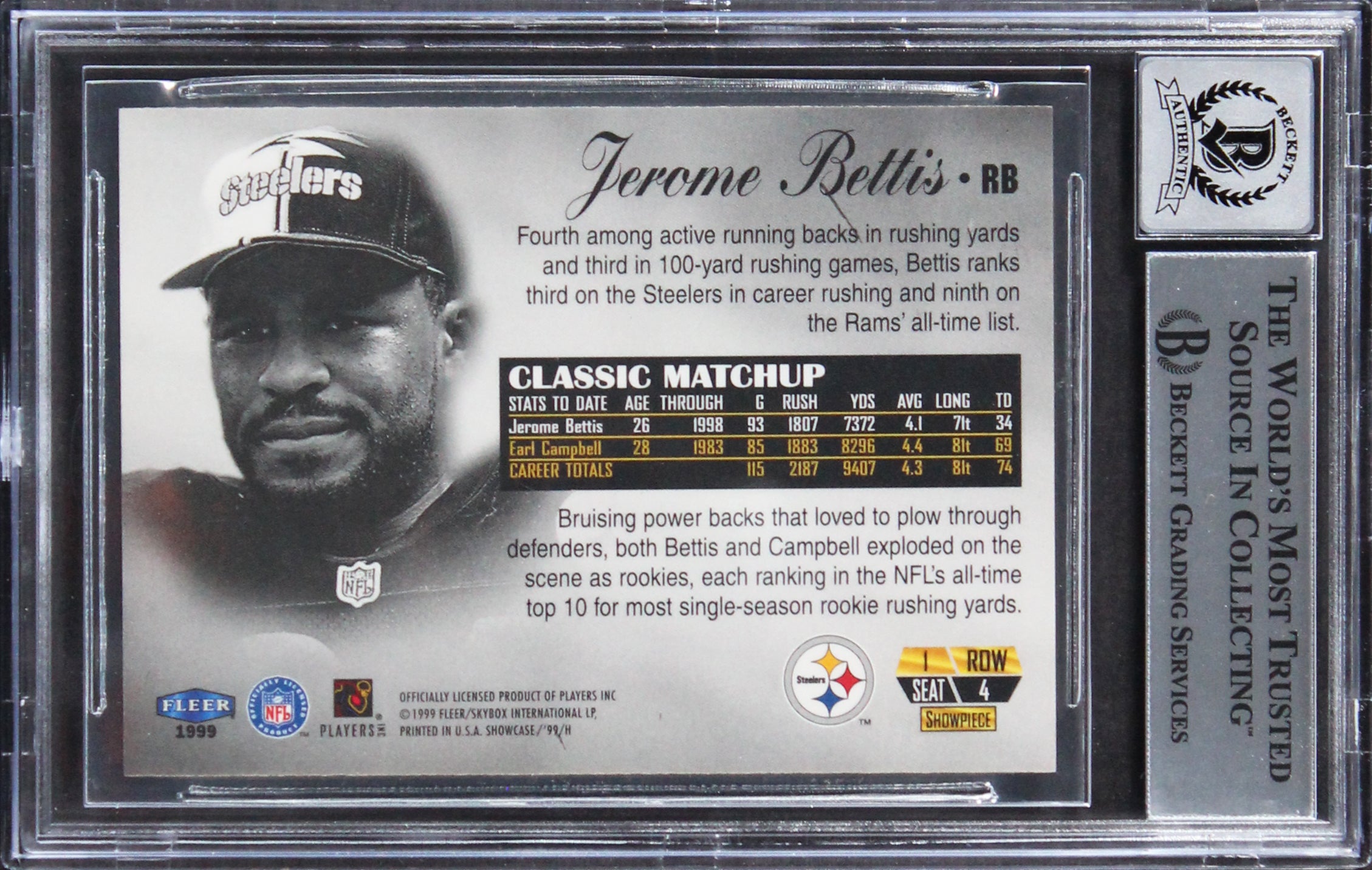 Steelers Jerome Bettis Signed 1999 Flair Showcase #4 Card Auto 10! BAS Slabbed