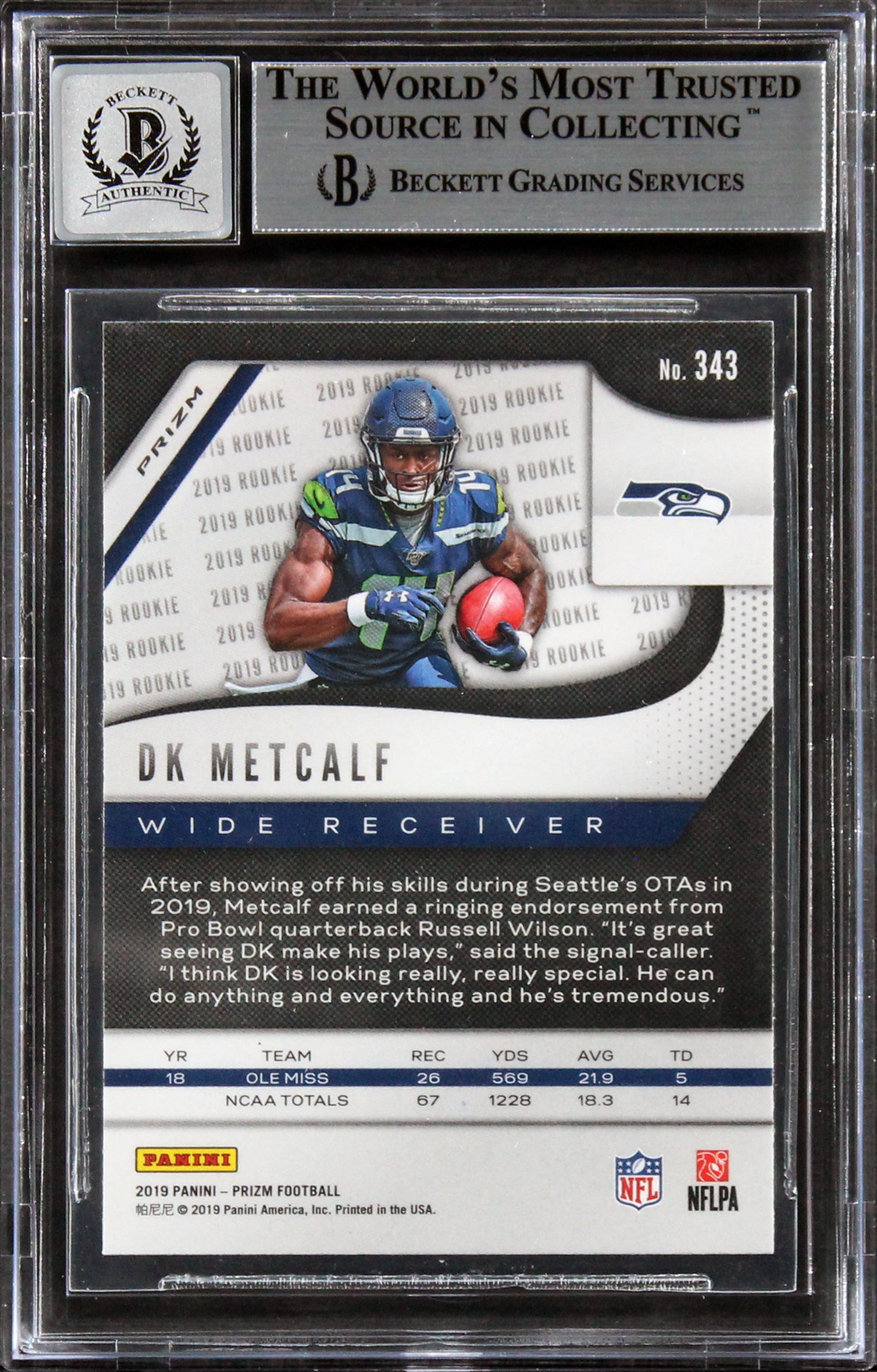 Seahawks DK Metcalf Signed 2019 Panini Prizm RW&B #343 RC Auto 10! BAS Slabbed