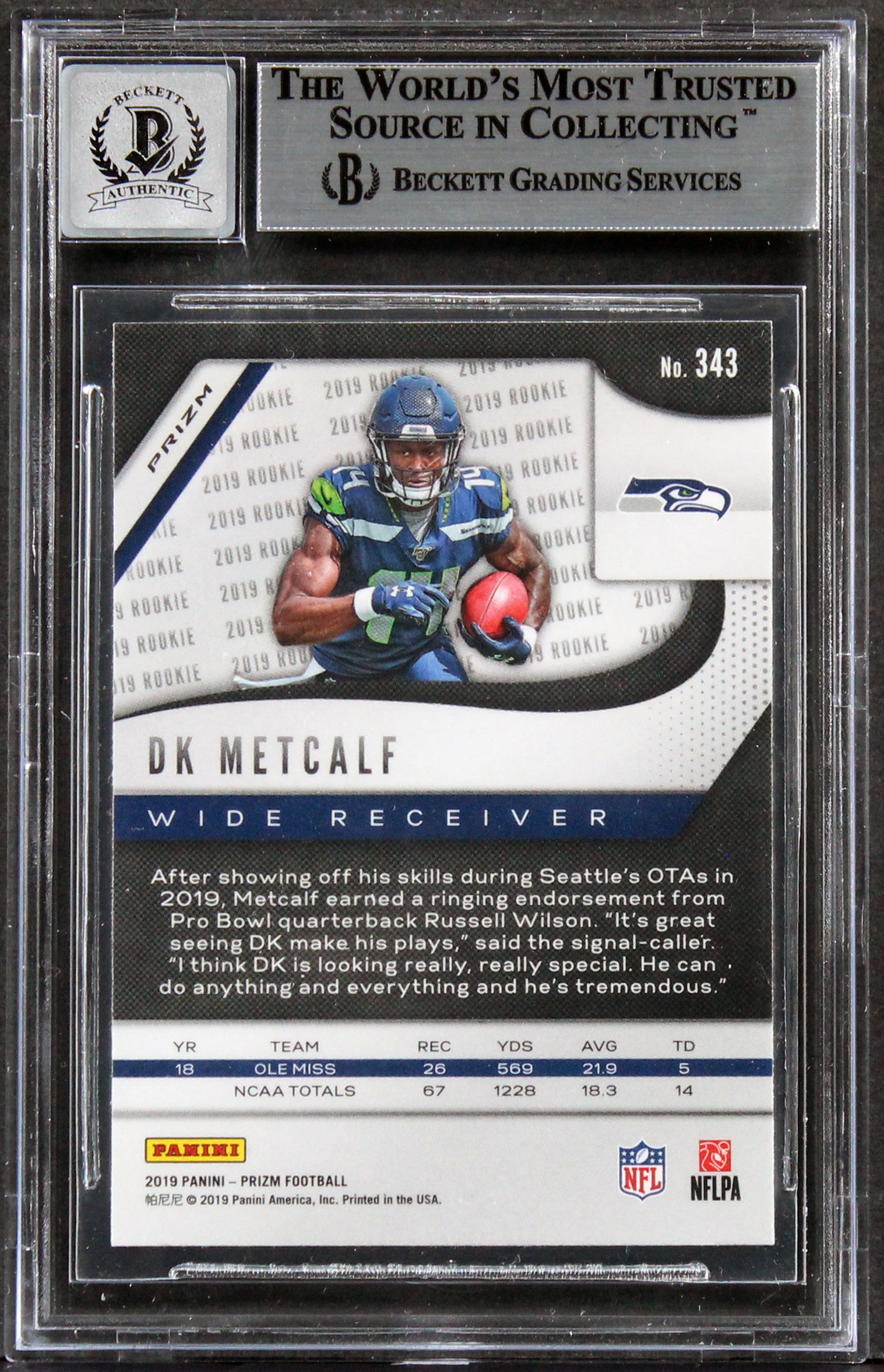 Seahawks DK Metcalf Signed 2019 Panini Prizm RW&B #343 RC Auto 10! BAS Slabbed