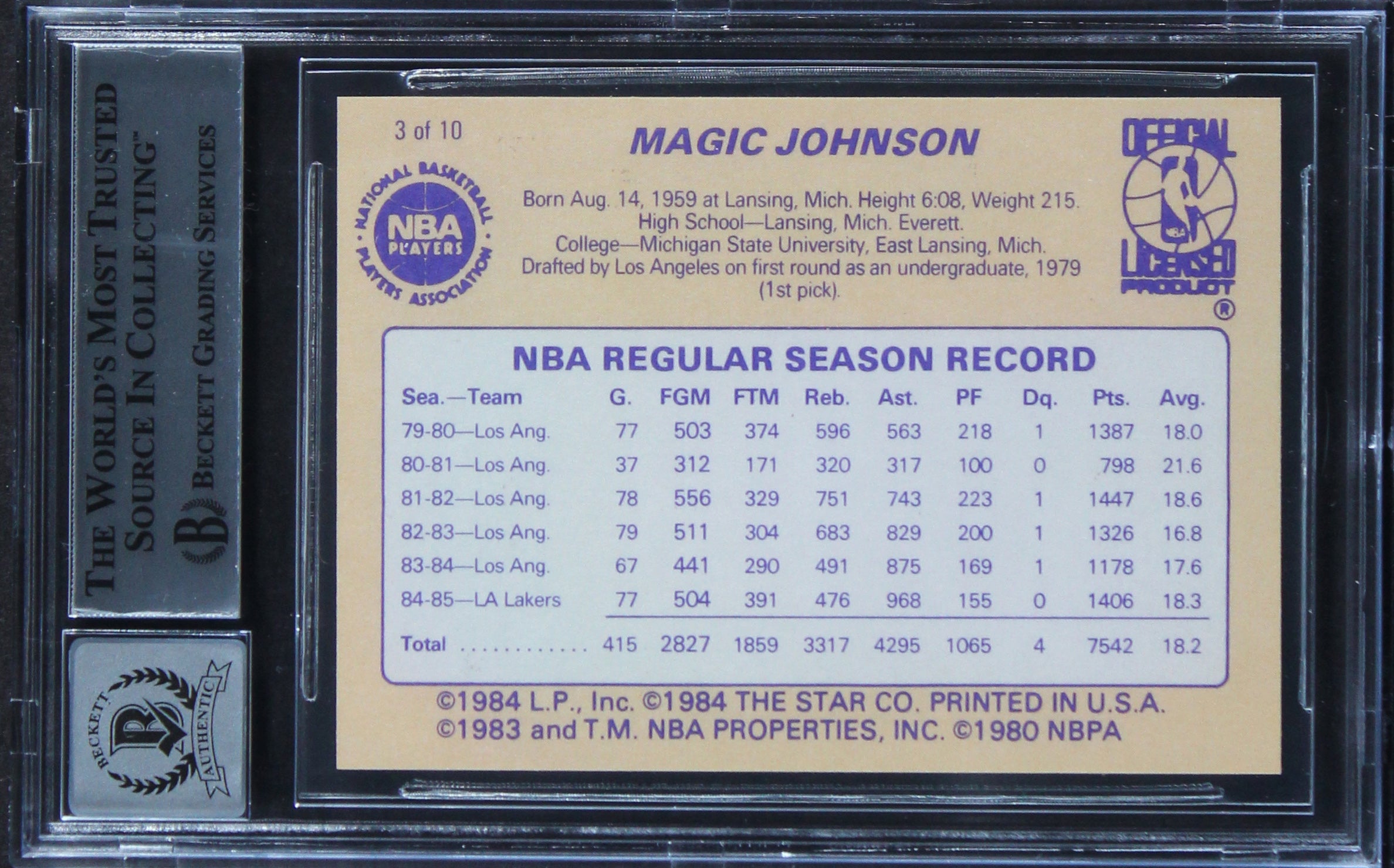 Lakers Magic Johnson Authentic Signed 1986 Star #3 Card Auto 10! BAS Slabbed