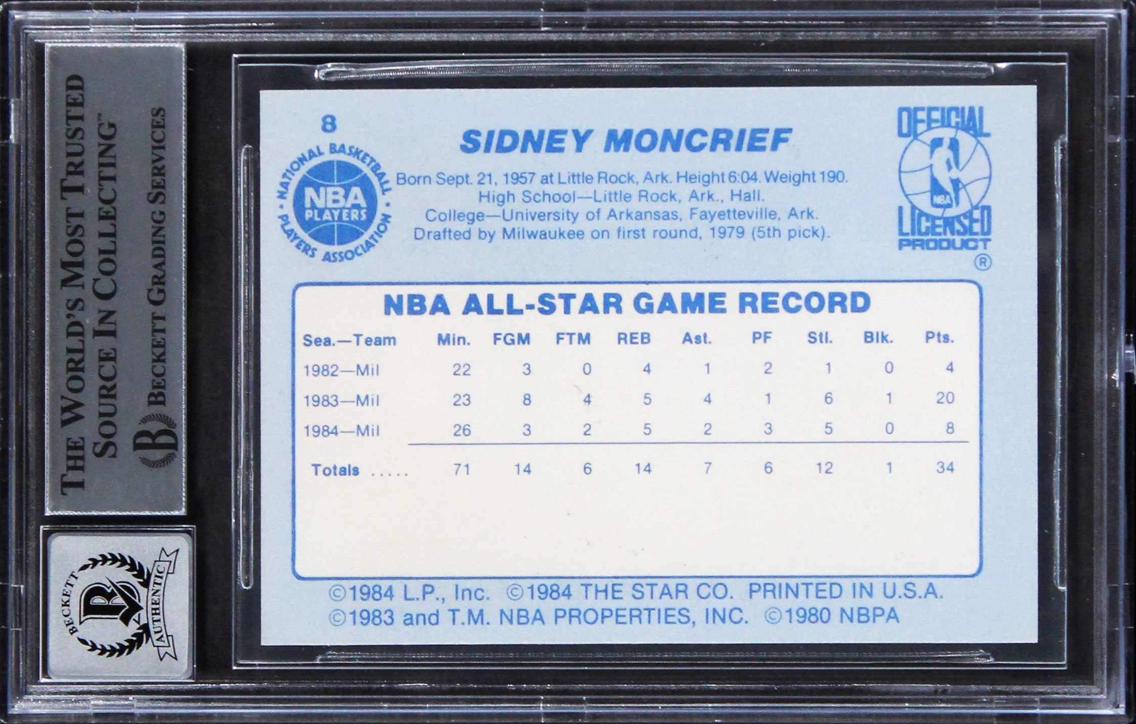 Bucks Sidney Moncrief Signed 1984 Star All-Star Game #8 Card Auto 10! BAS Slab