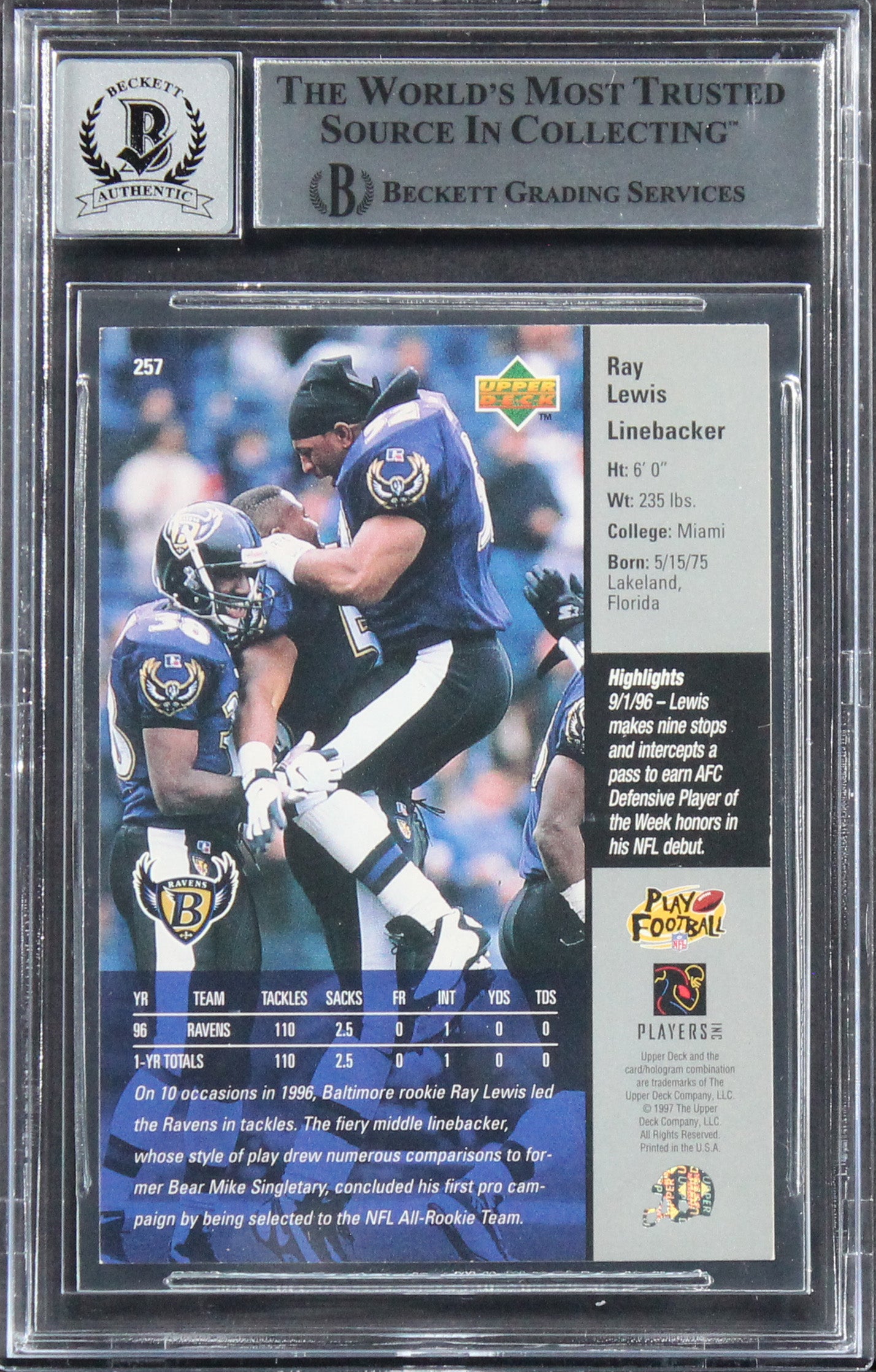 Ravens Ray Lewis Authentic Signed 1997 Upper Deck #257 Card Auto 10! BAS Slabbed