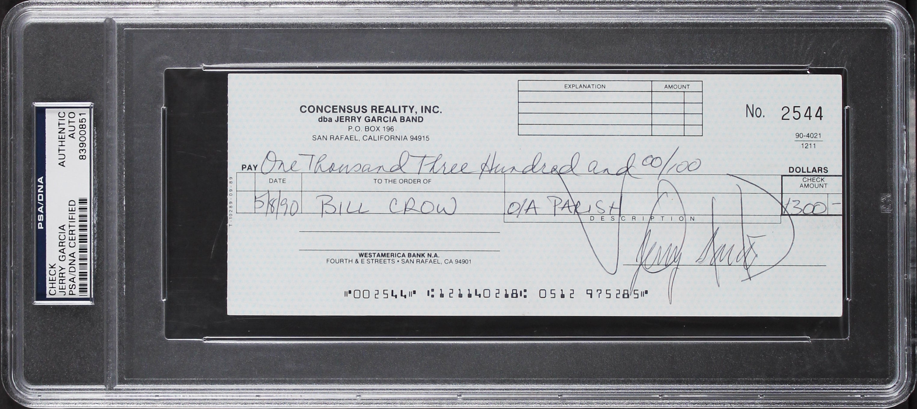 Jerry Garcia Grateful Dead Authentic Signed 3x8.25 1990 Check PSA/DNA Slabbed
