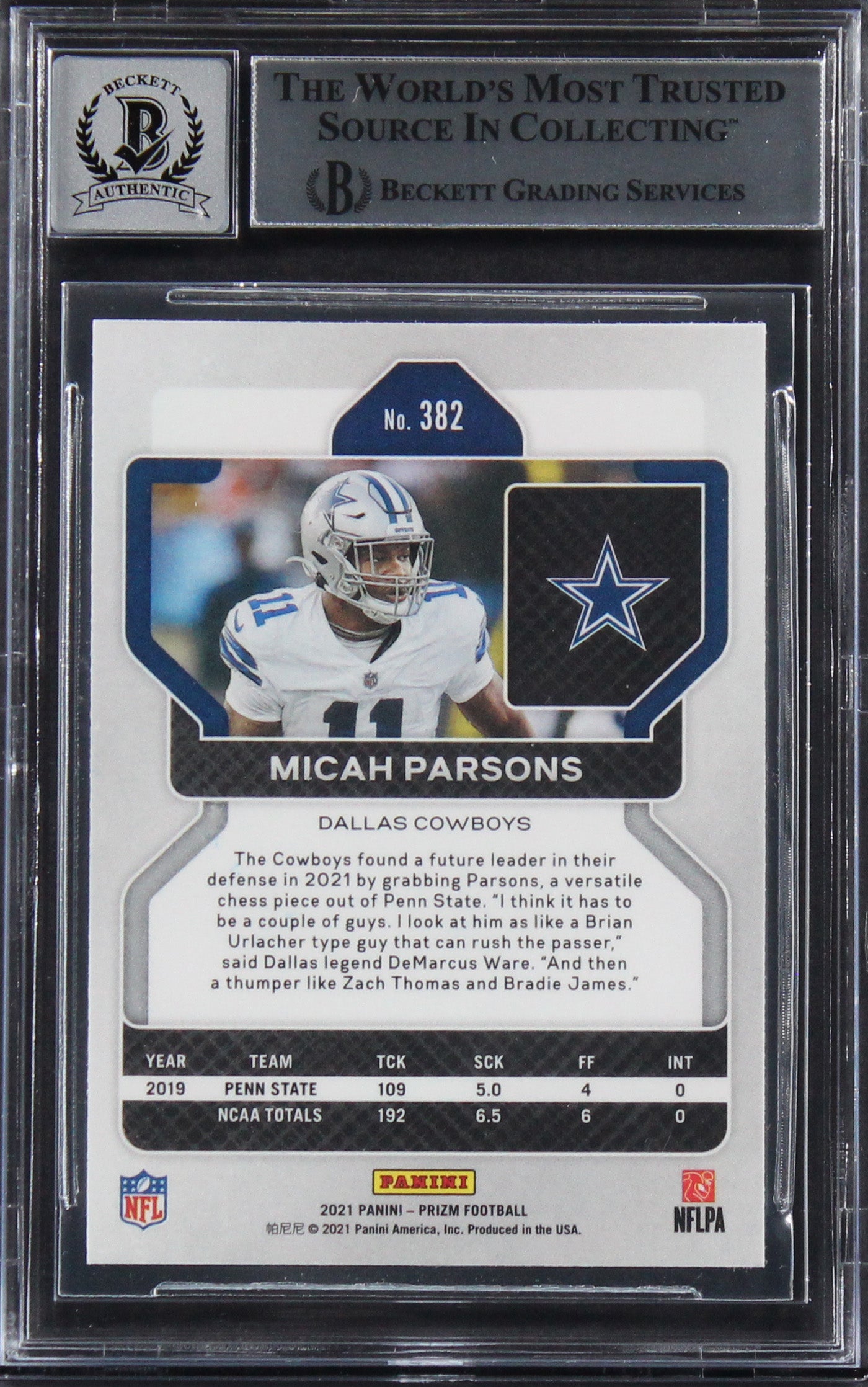 Cowboys Micah Parsons Signed 2021 Panini Prizm #382 Rookie Card Auto 10 BAS Slab