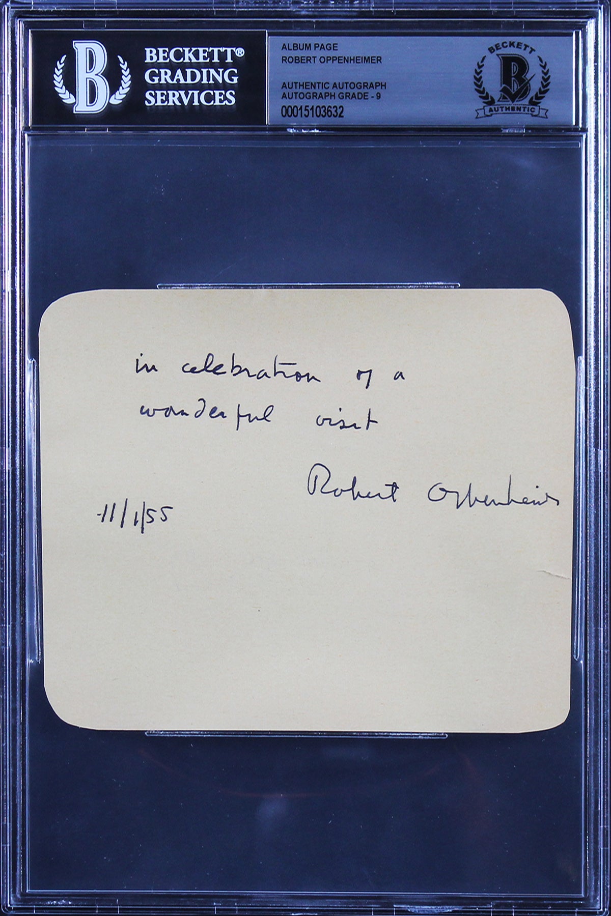 Robert Oppenheimer "11/1/55" Signed 4.5x5.25 Album Page Auto 9! BAS Slabbed