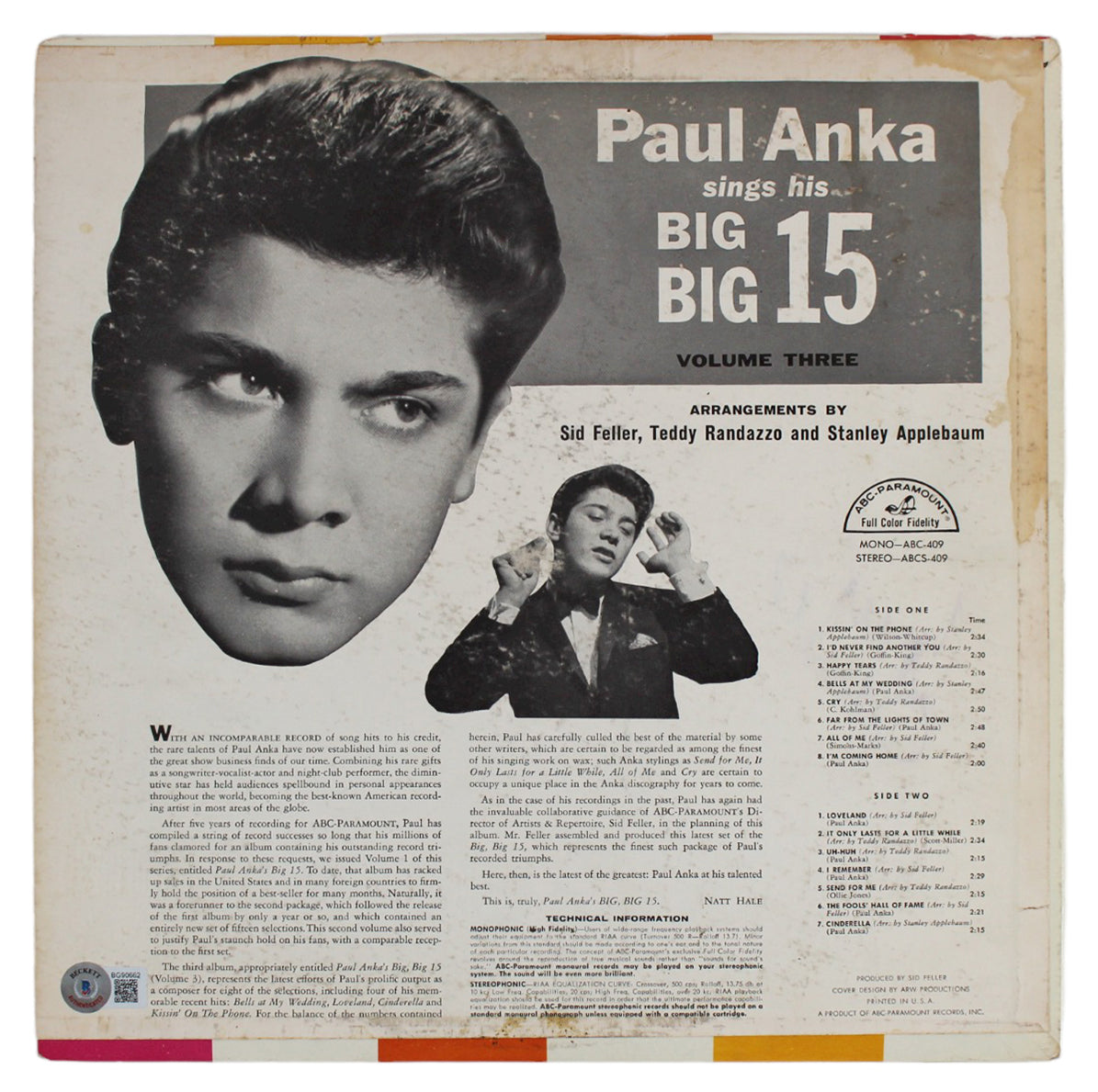 Paul Anka Signed Sings His Big Big Big 15 Vol. 3 Album Cover BAS #BG90662