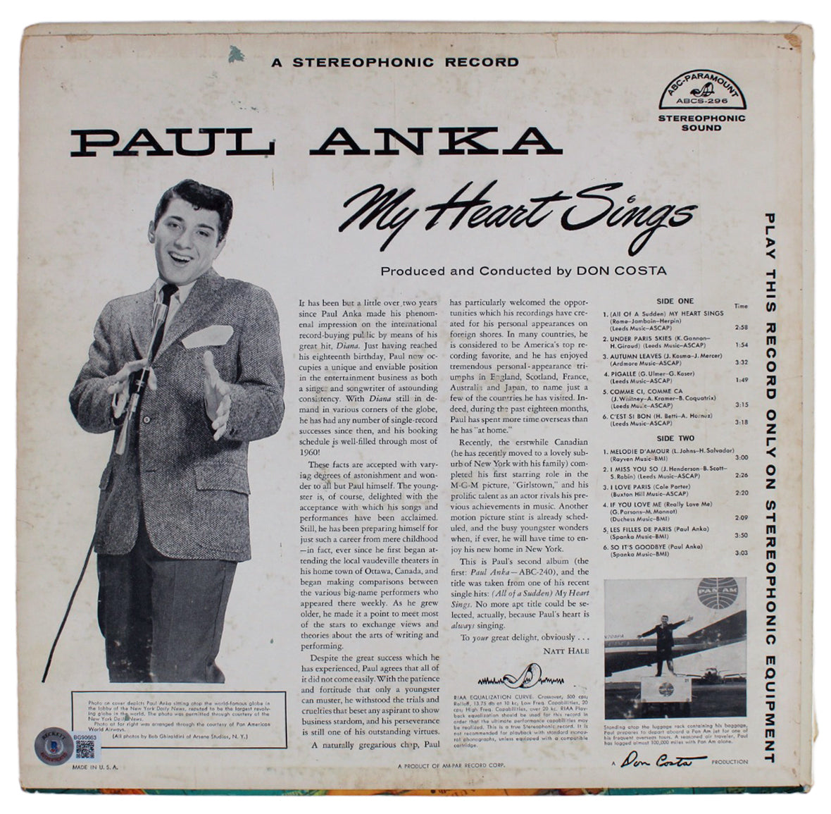 Paul Anka Authentic Signed My Heart Sings Album Cover Autographed BAS #BG90663