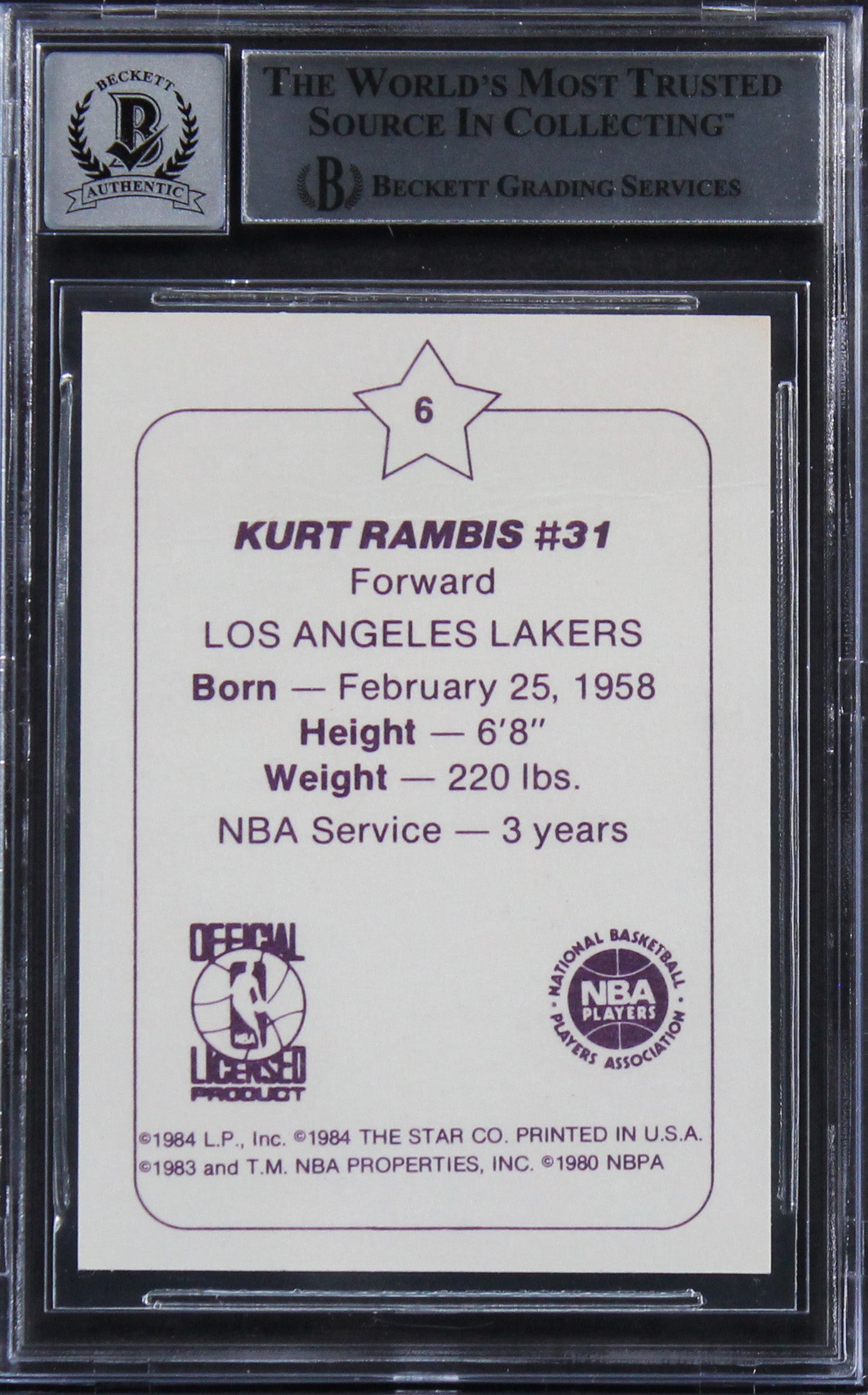 Lakers Kurt Rambis Authentic Signed 1984 Star Arena #D6 Card Auto 10 BAS Slabbed