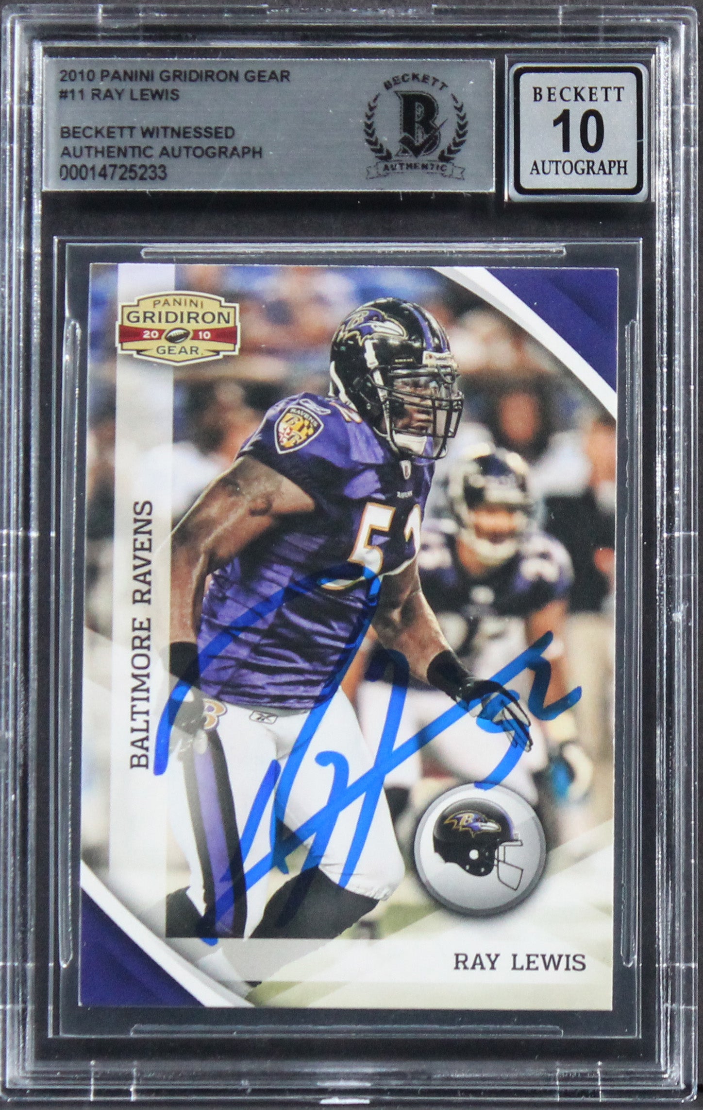 Ravens Ray Lewis Signed 2010 Panini Gridiron Gear #11 Card Auto 10! BAS Slabbed