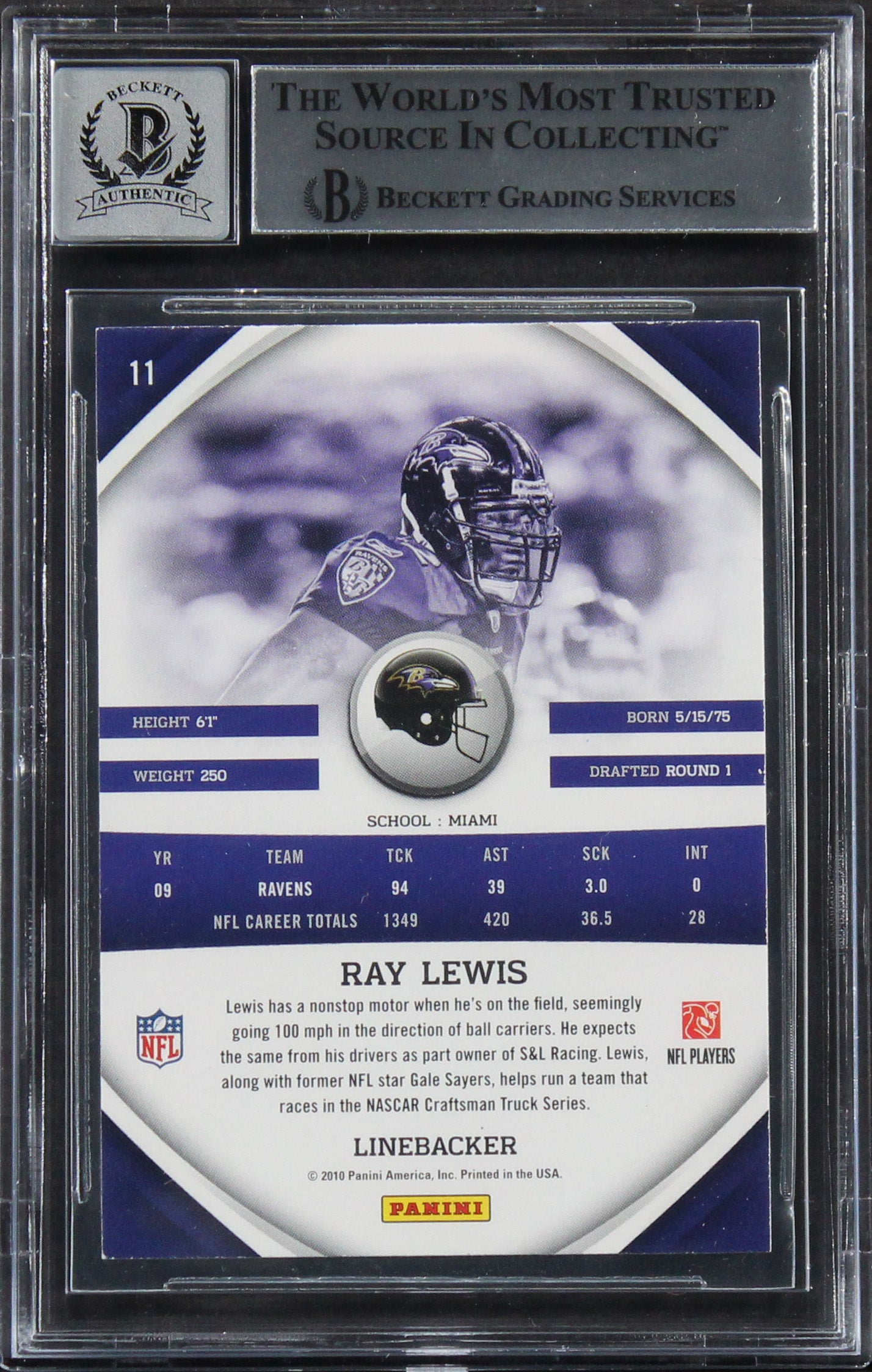 Ravens Ray Lewis Signed 2010 Panini Gridiron Gear #11 Card Auto 10! BAS Slabbed