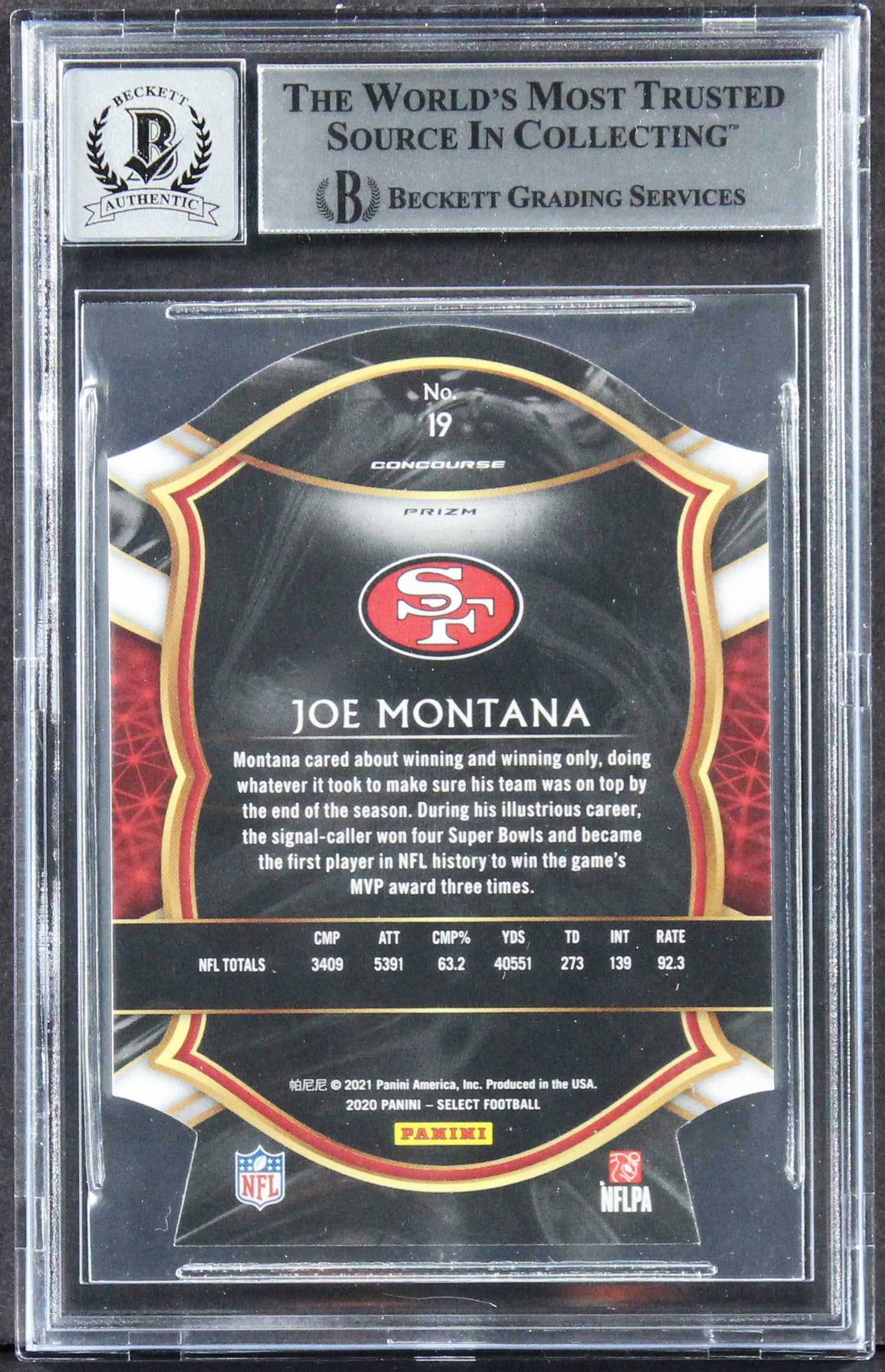 Joe Montana Signed 2020 Select Prizm Purple Die Cut #19 Card Auto 10! BAS Slab