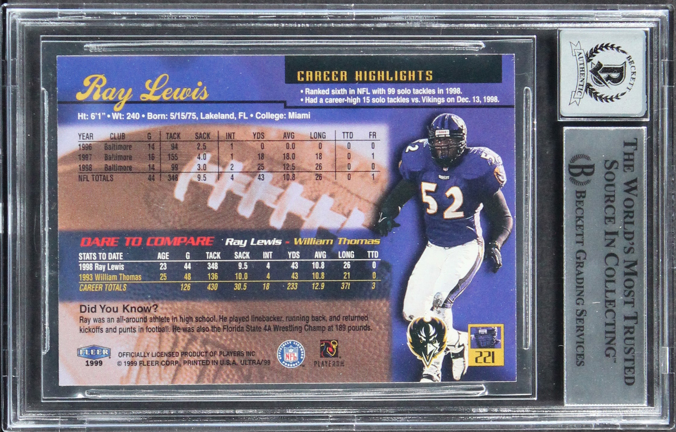 Ravens Ray Lewis Authentic Signed 1999 Ultra #221 Card Auto 10! BAS Slabbed