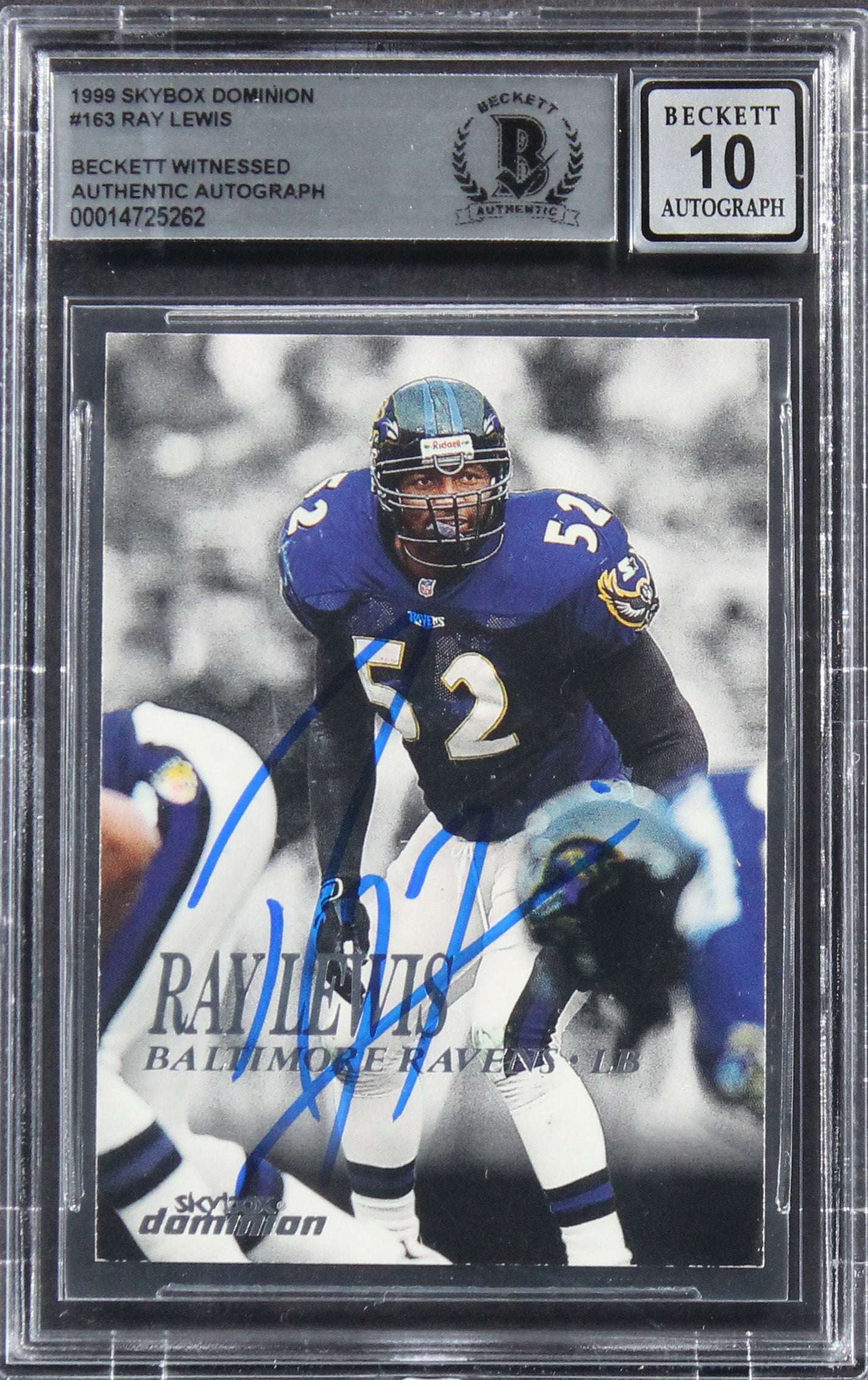 Ravens Ray Lewis Signed 1999 Skybox Dominion #163 Card Auto 10! BAS Slabbed