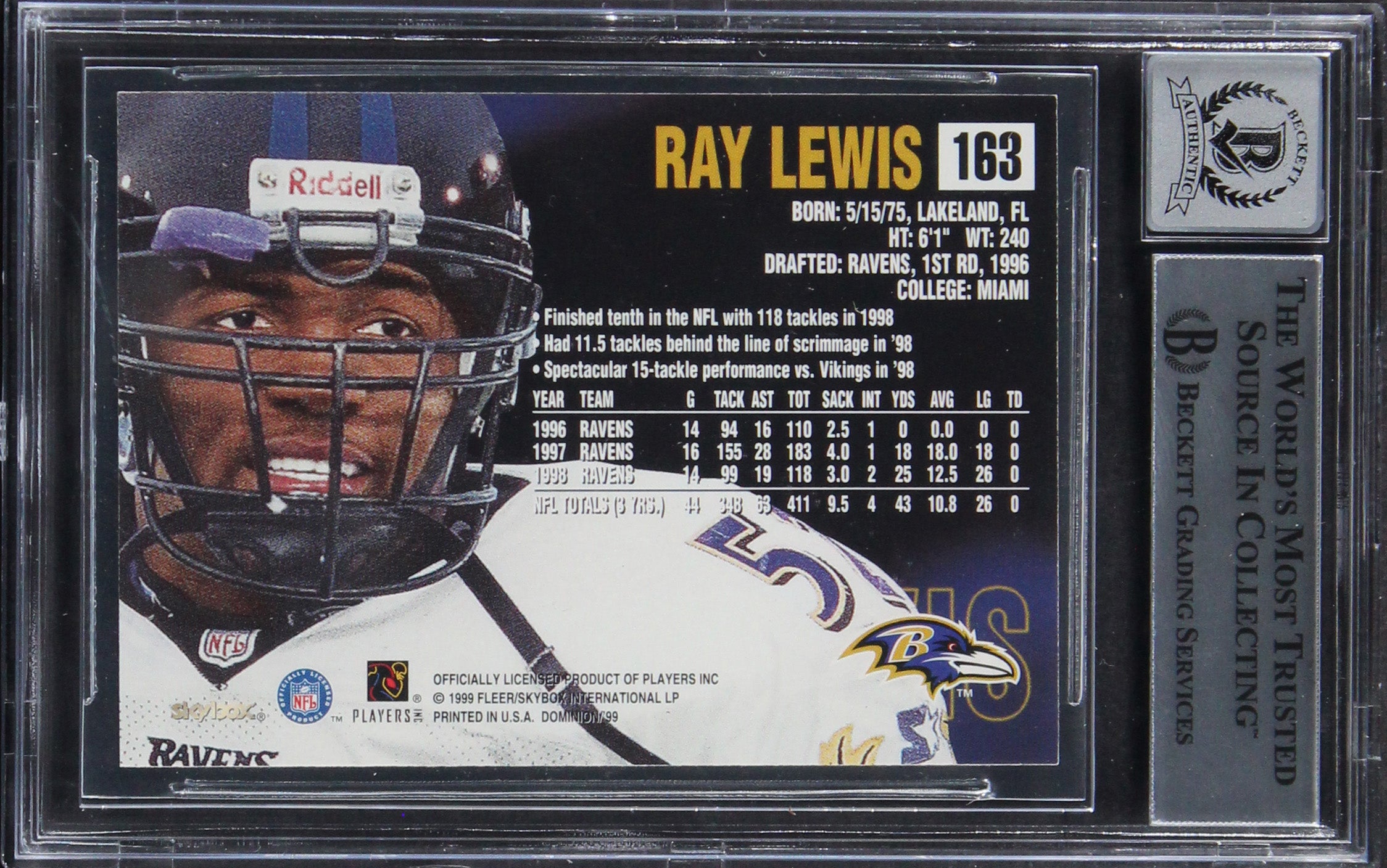 Ravens Ray Lewis Signed 1999 Skybox Dominion #163 Card Auto 10! BAS Slabbed