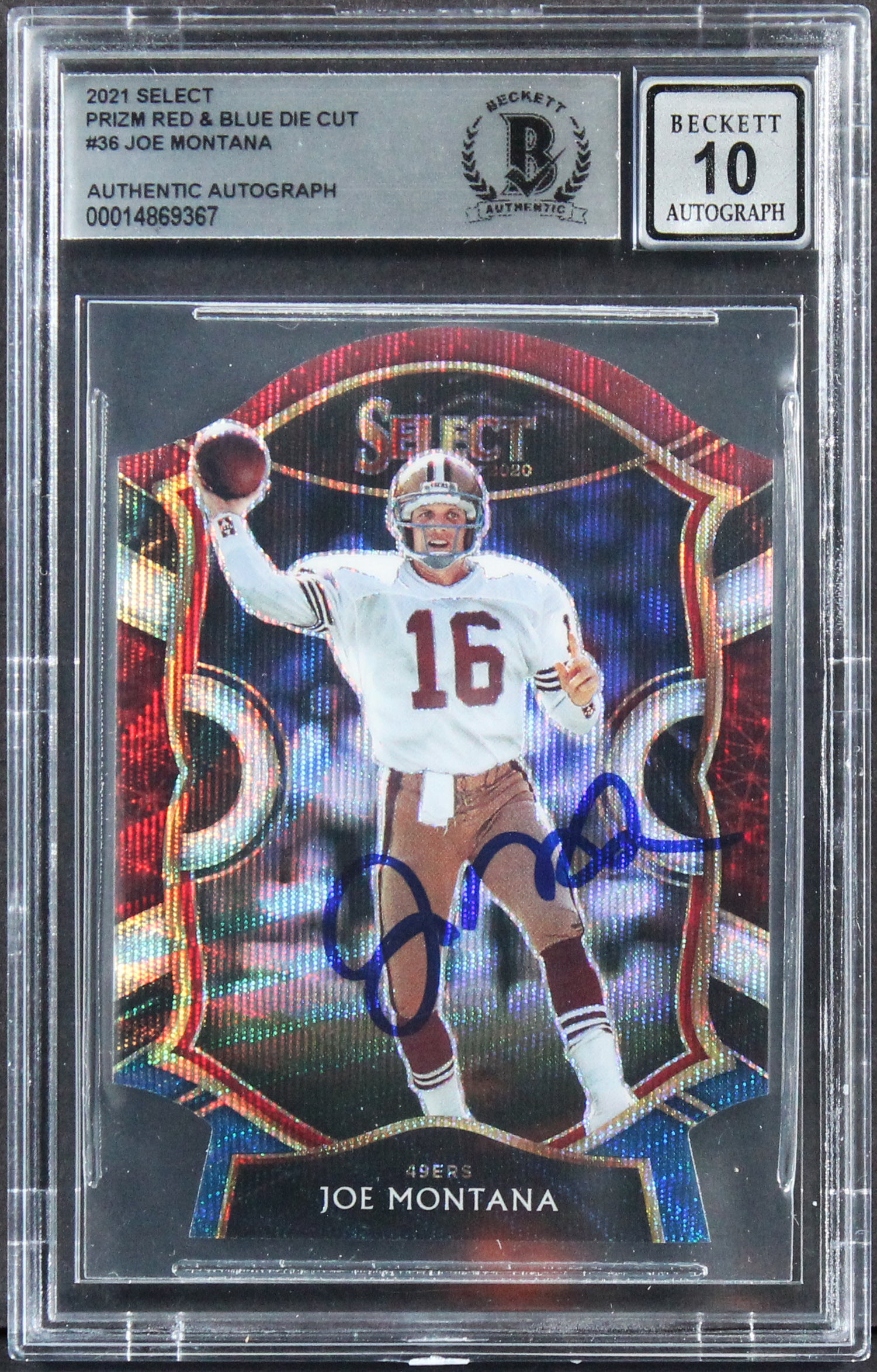 49ers Joe Montana Signed 2021 Select Prizm R&B Die Cut #36 Card Auto 10 BAS Slab