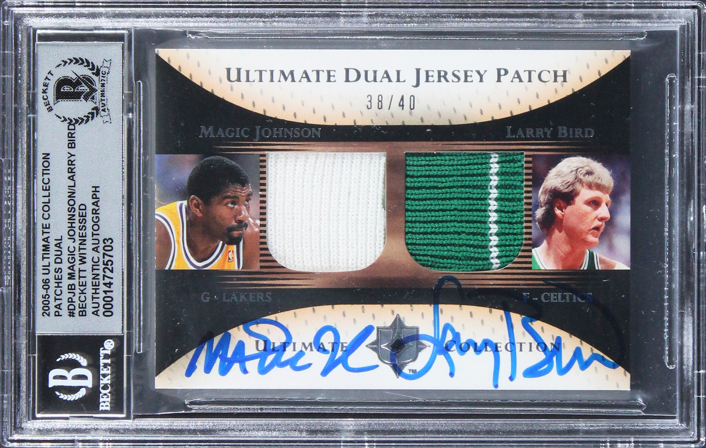 Magic Johnson & Larry Bird Signed 2005 Ultimate Patches DPJB 38/40 Card BAS Slab