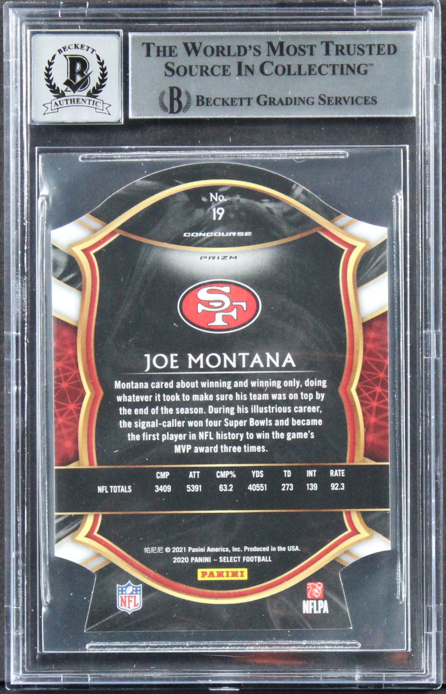 49ers Joe Montana Signed 2021 Select Prizm R&B Die Cut #36 Card Auto 10 BAS Slab