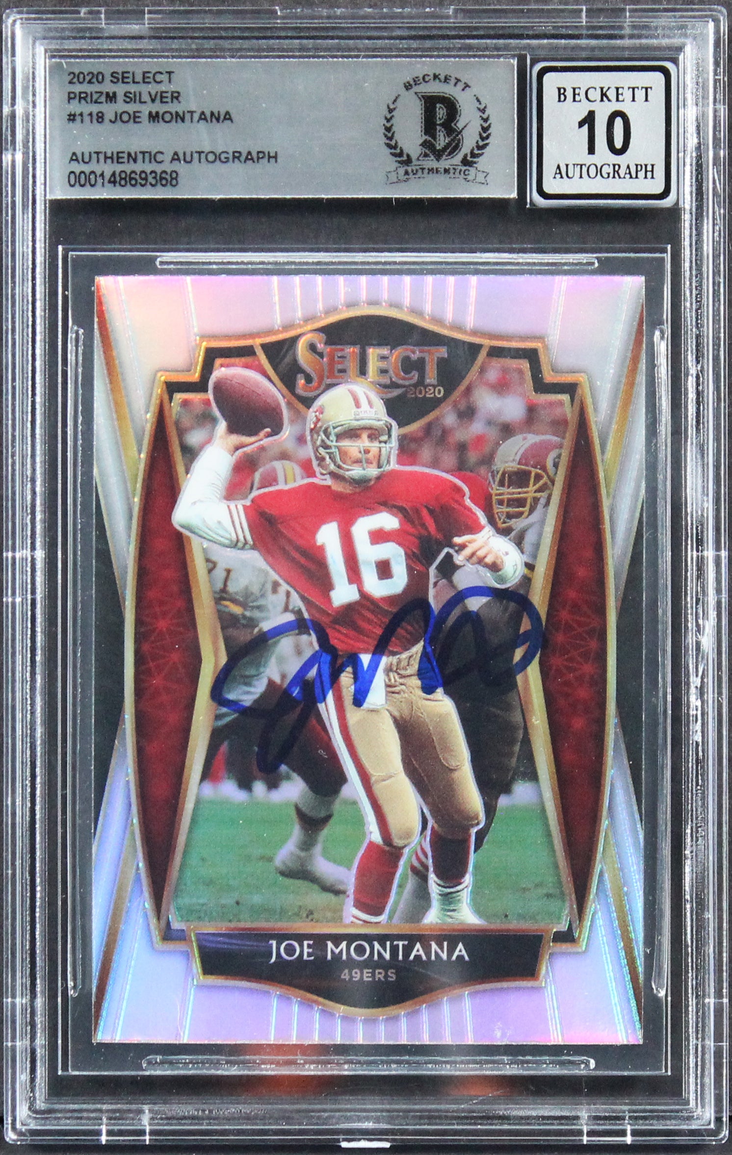 49ers Joe Montana Signed 2020 Select Prizm Silver #118 Card Auto 10! BAS Slabbed