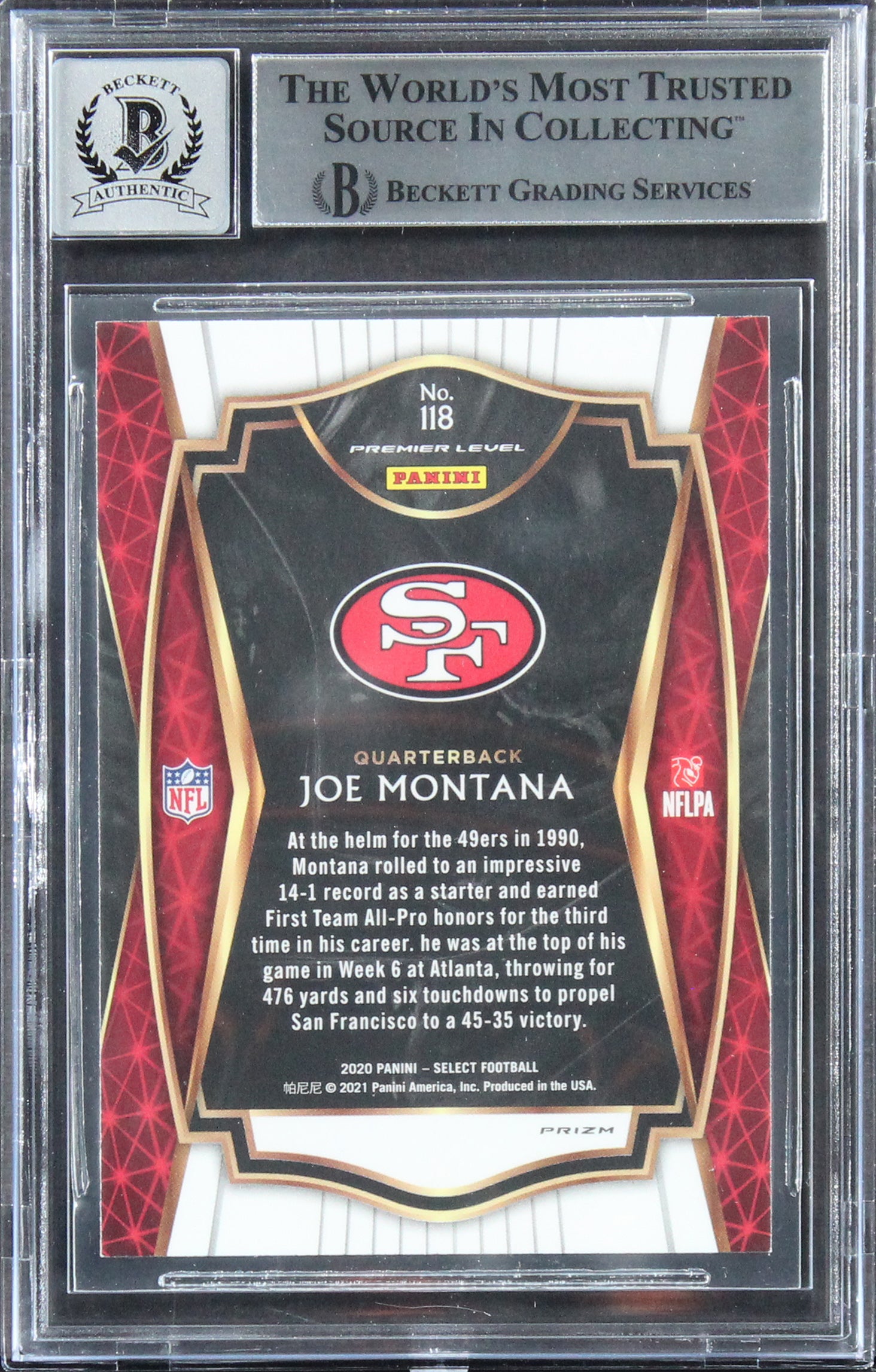 49ers Joe Montana Signed 2020 Select Prizm Silver #118 Card Auto 10! BAS Slabbed