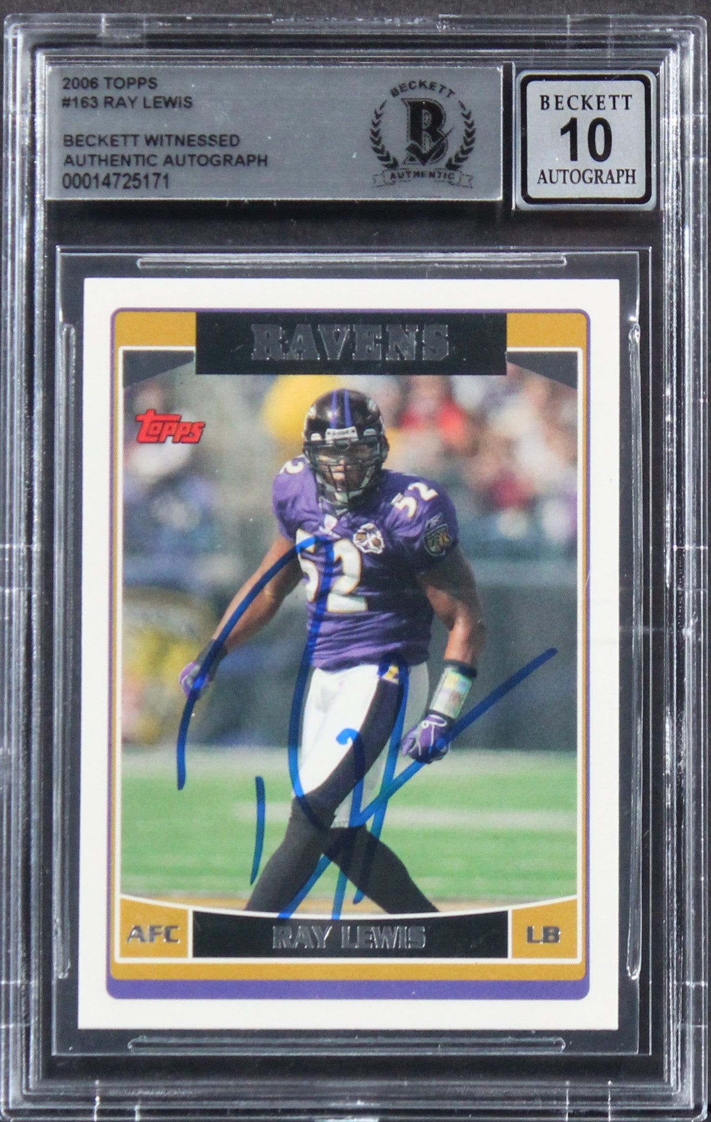 Ravens Ray Lewis Authentic Signed 2006 Topps #163 Card Auto 10! BAS Slabbed