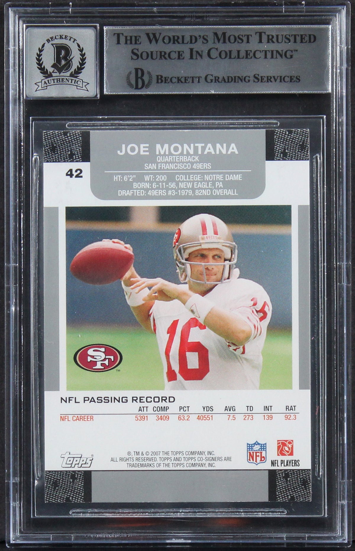 49ers Joe Montana Signed 2007 Topps Co-Signers #42 Card Auto 10! BAS Slabbed