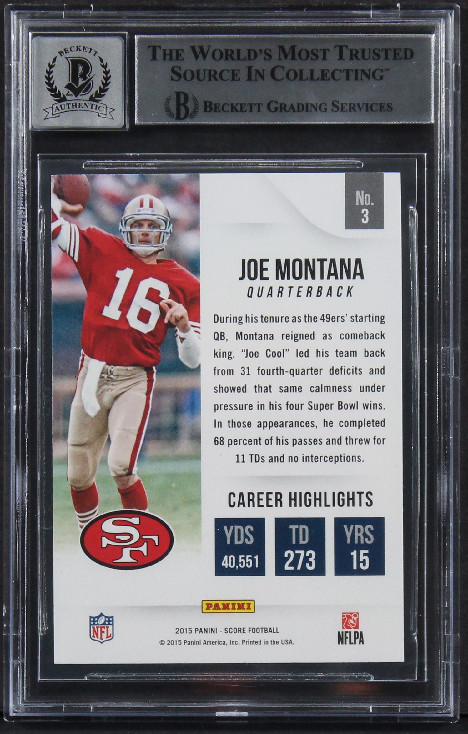Joe Montana Signed 2015 Score All Time Franchise Gold #3 Card Auto 10! BAS Slab
