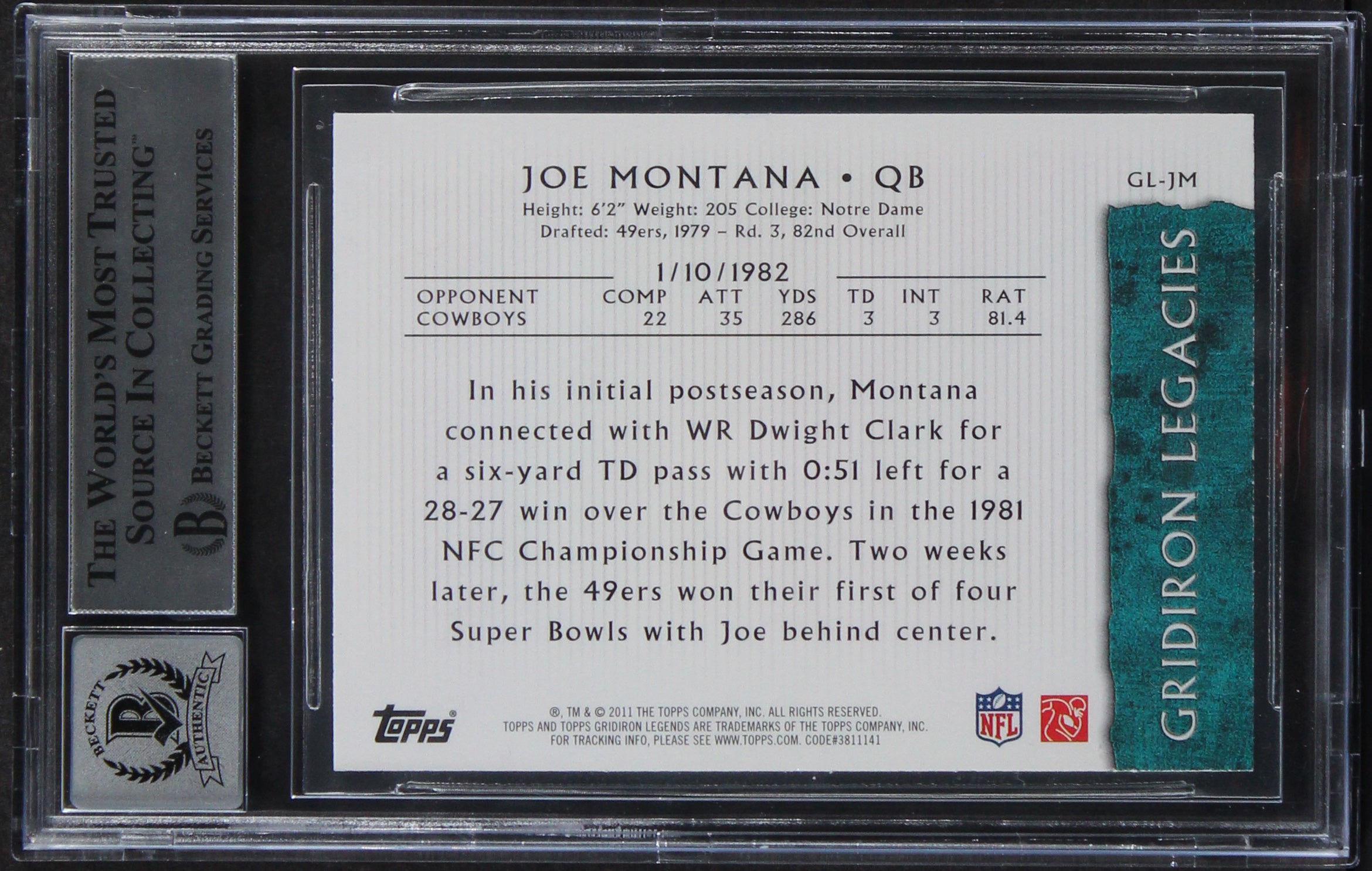 49ers Joe Montana Signed 2011 Topps Legends GL #GLJM Card Auto 10! BAS Slabbed