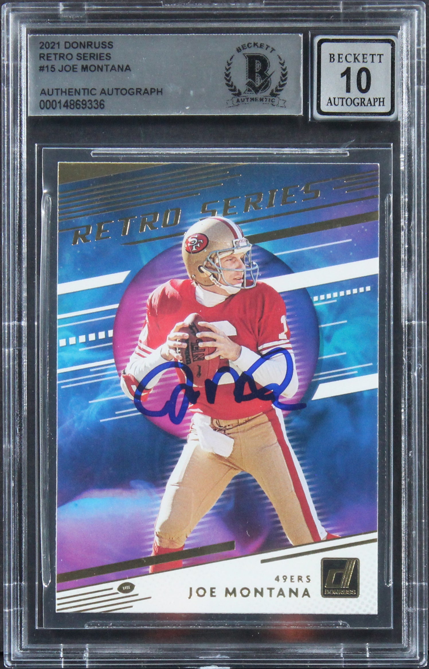 49ers Joe Montana Signed 2021 Donruss Retro Series #15 Card Auto 10! BAS Slabbed