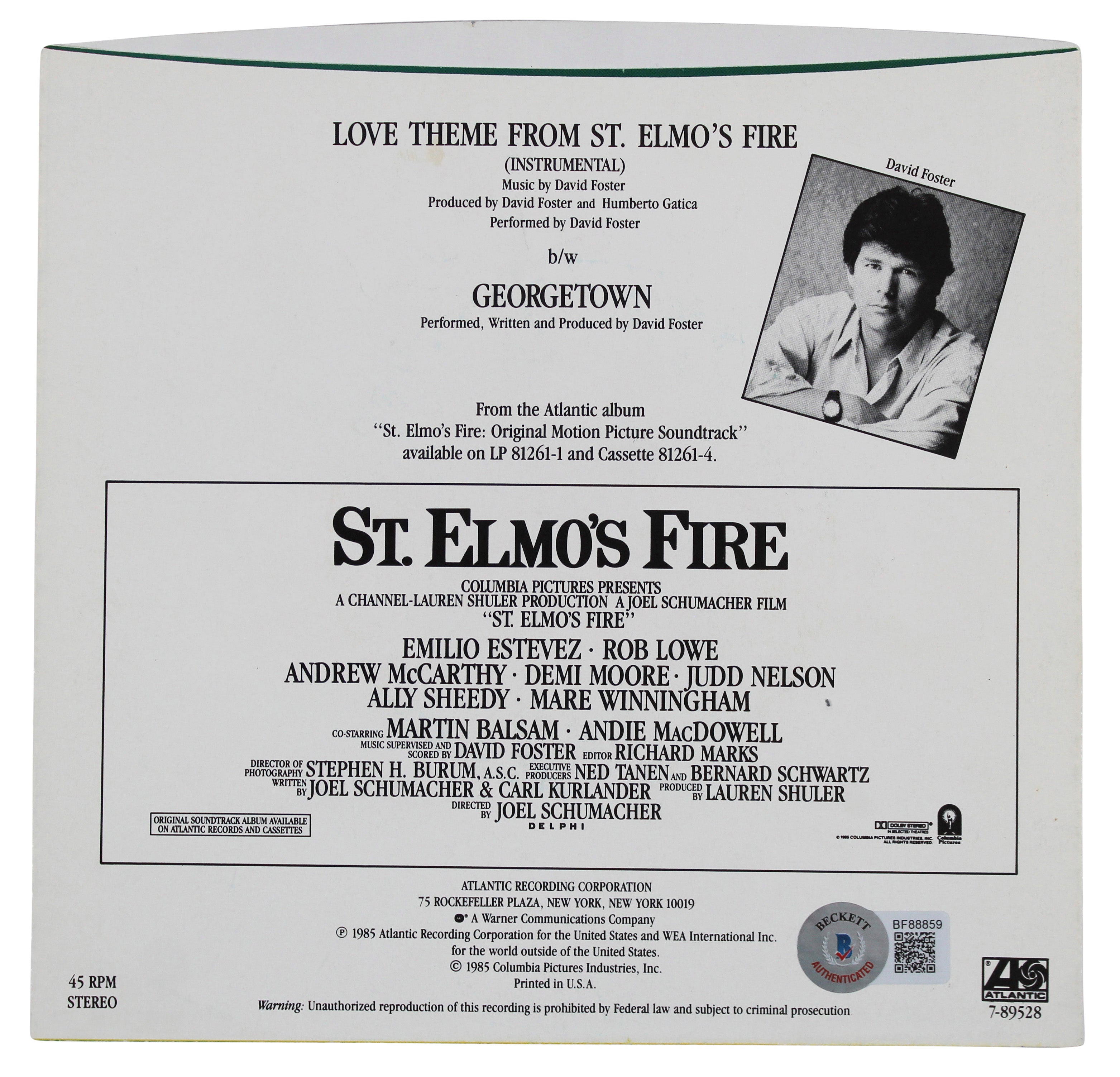 Emilio Estevez & Andrew McCarthy St. Elmo's Fire Signed 45 RPM Album Cover BAS