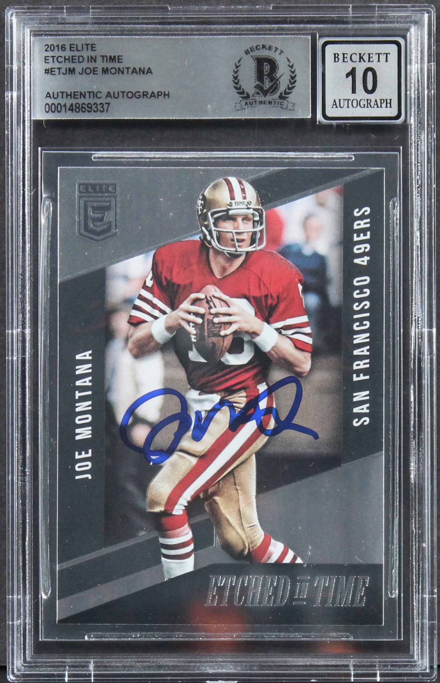 49ers Joe Montana Signed 2016 Elite Etched In Time #ETJM Card Auto 10! BAS Slab