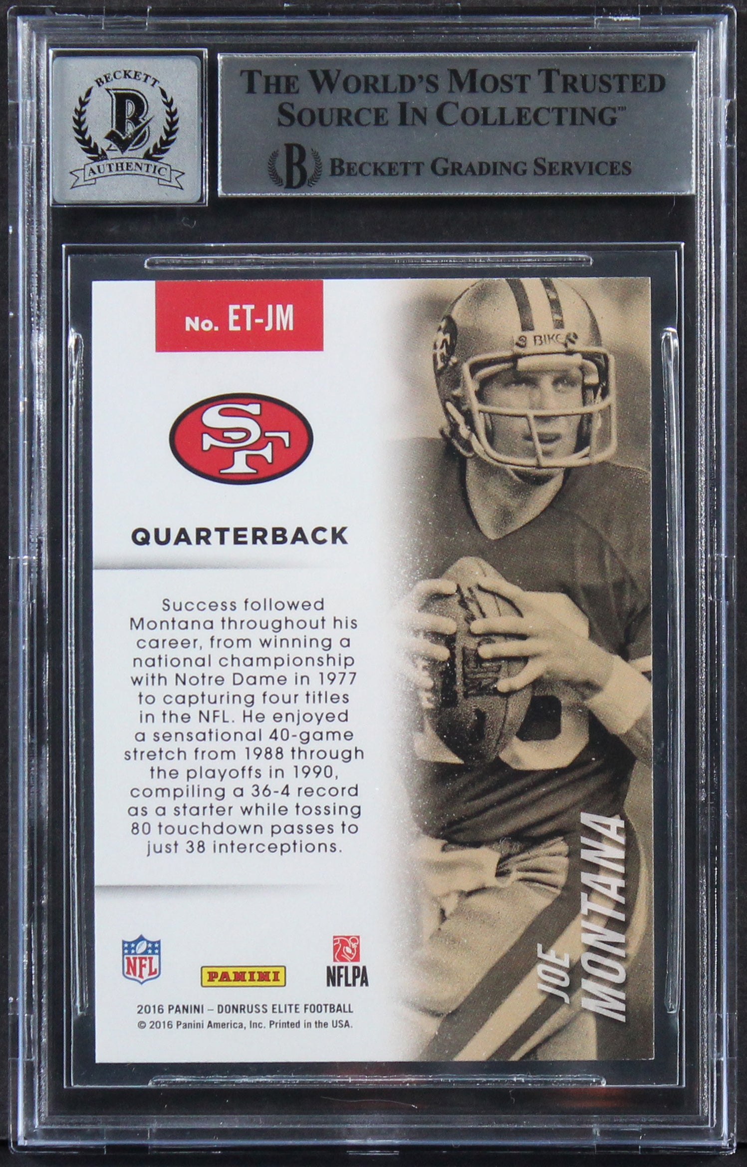 49ers Joe Montana Signed 2016 Elite Etched In Time #ETJM Card Auto 10! BAS Slab