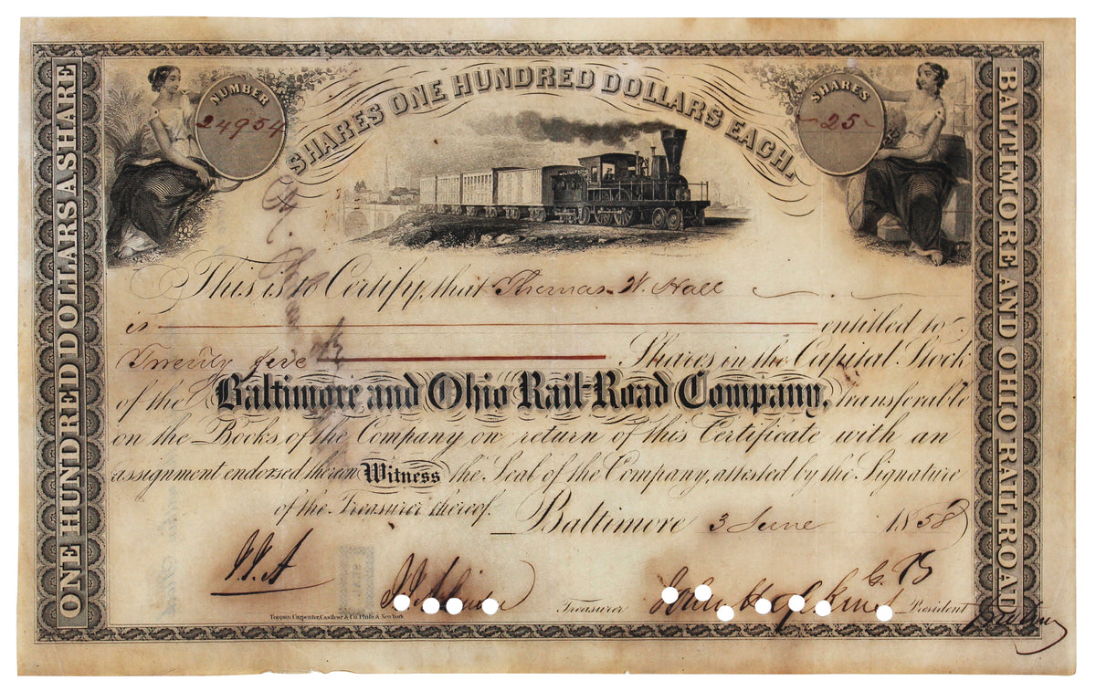 Johns Hopkins Signed 6.25x10 1858 B&O Rail Road Stock Certificate BAS #AC33521