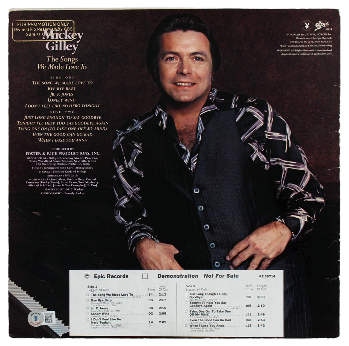 Mickey Gilley Signed The Songs We Made Love To Album Cover BAS #BG90681
