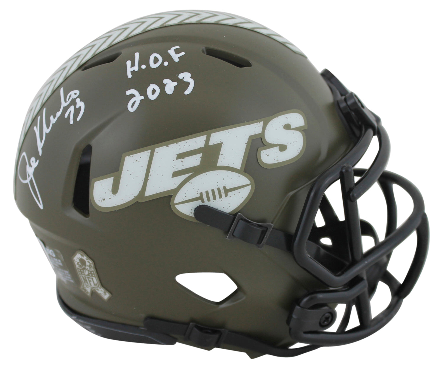 Jets Joe Klecko "HOF 2023" Signed Salute To Service Speed Mini Helmet BAS Wit