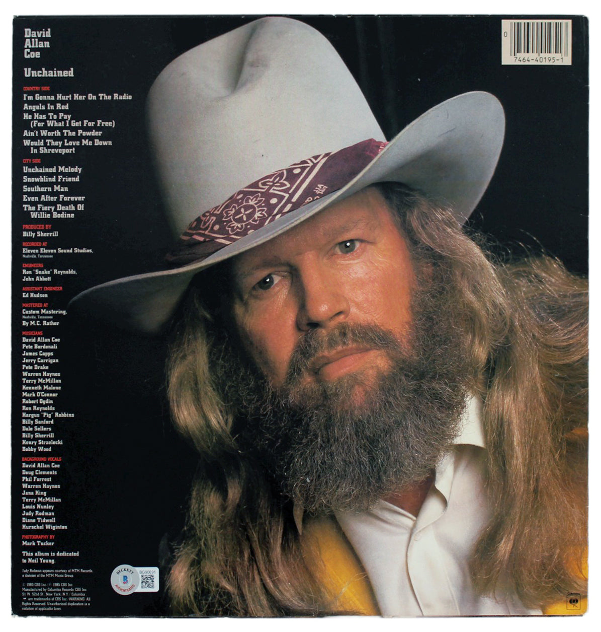 David Allan Coe Authentic Signed Unchained Album Cover Autographed BAS #BG90691