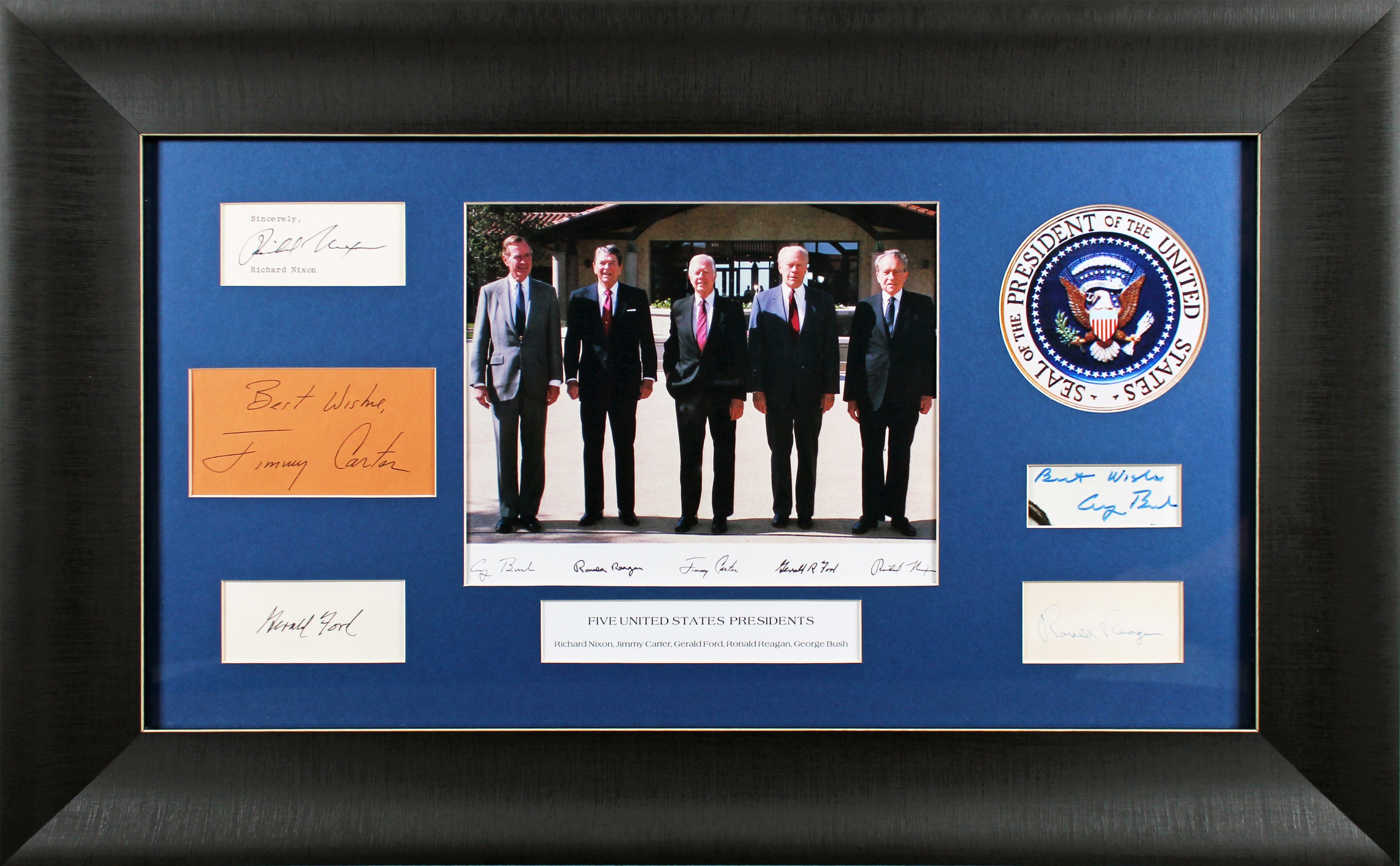 (5) Reagan, Nixon, Carter, Bush & Ford Signed Framed Preidential Display JSA