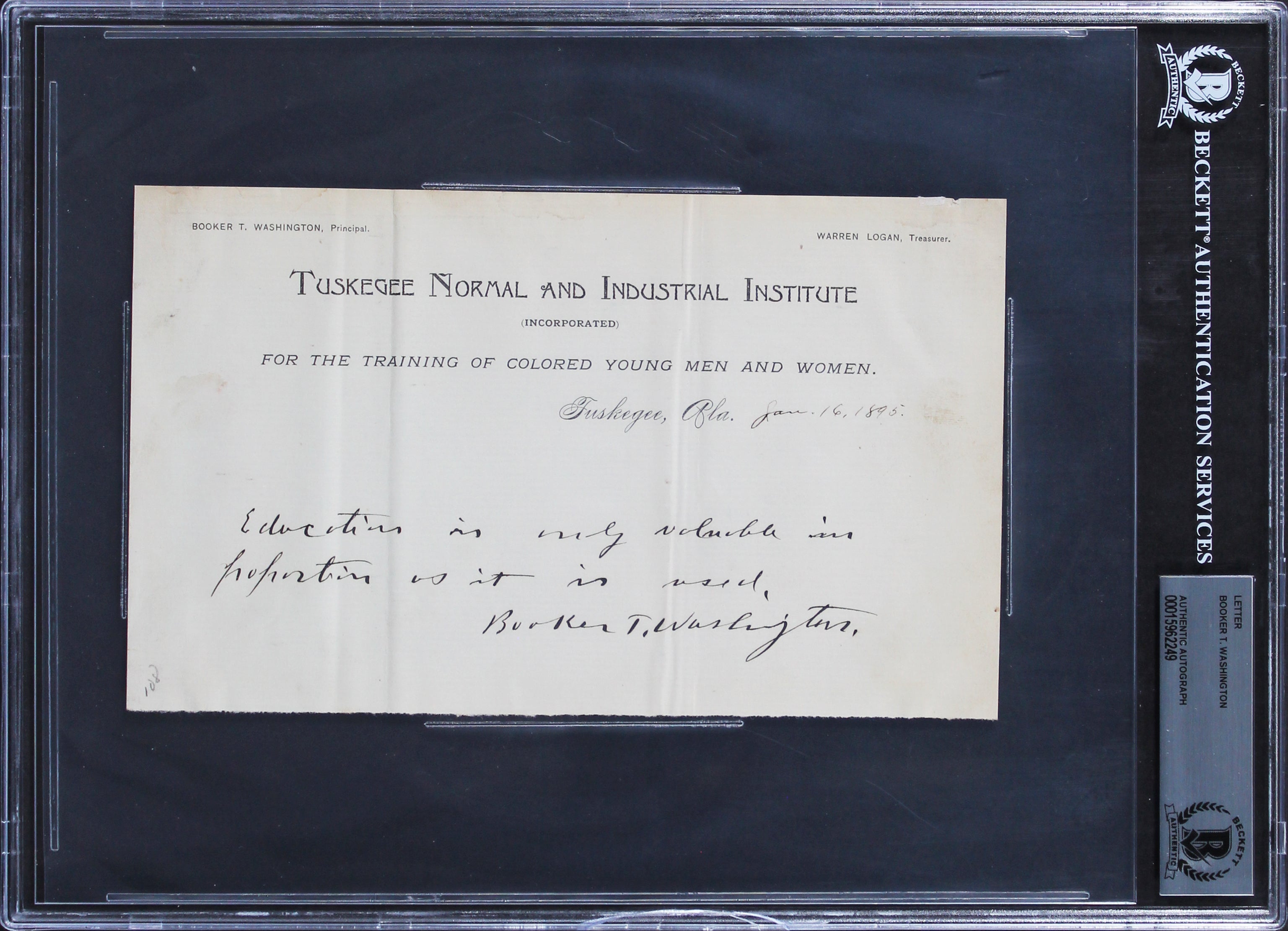 Booker T. Washington Signed 5x8.25 1895 Tuskegee Institute Letterhead BAS Slab