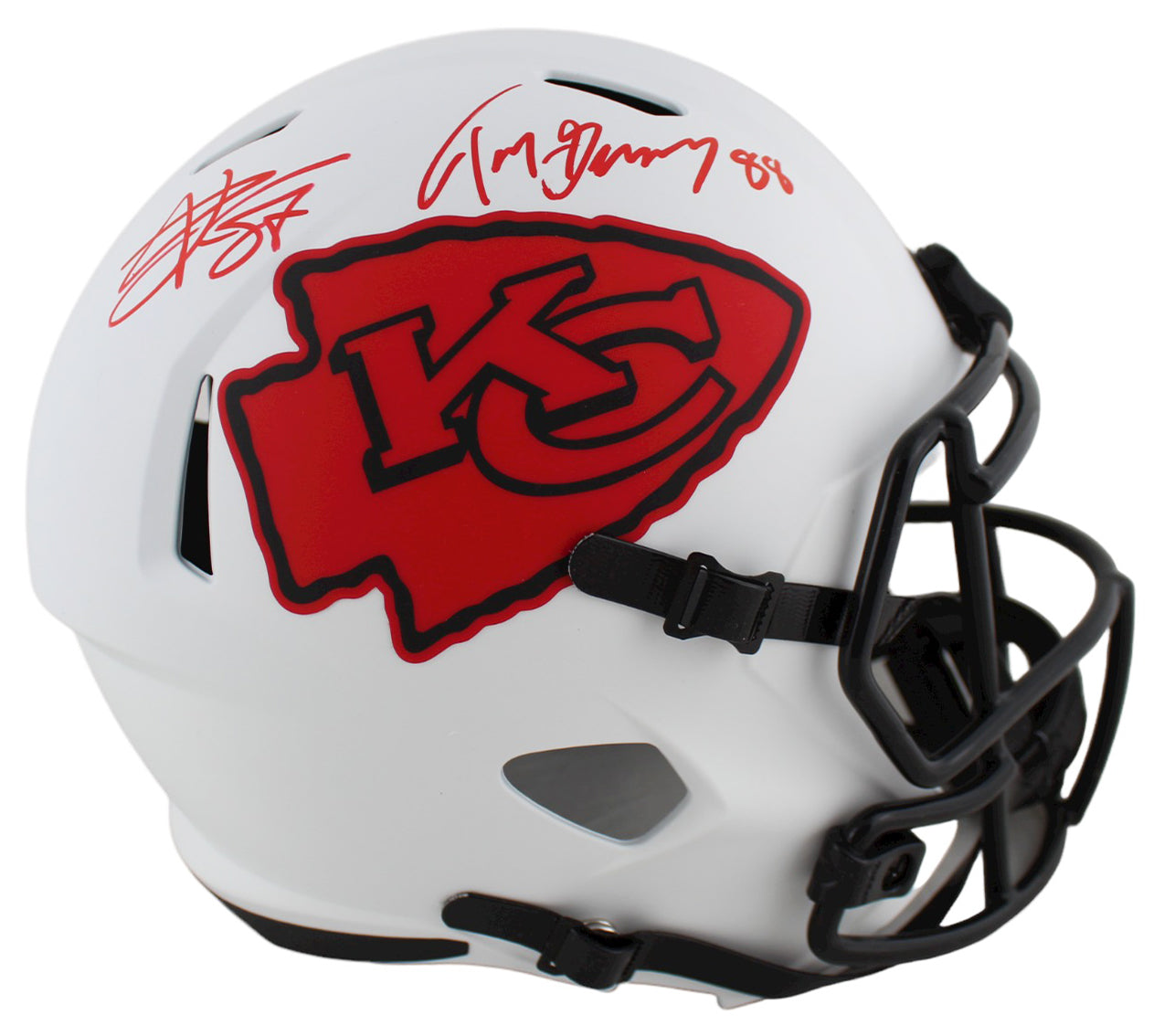 Tony Gonzalez & Travis Kelce Signed Lunar Full Size Speed Rep Helmet BAS Witness