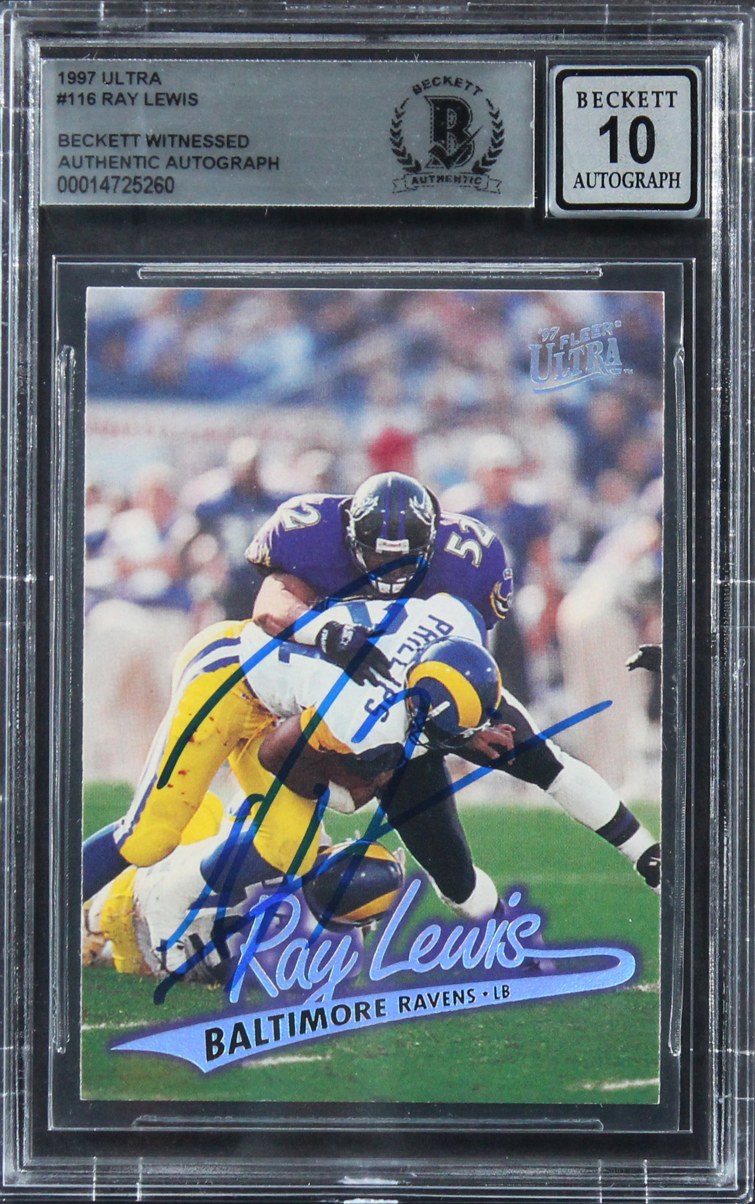 Ravens Ray Lewis Authentic Signed 1997 Ultra #116 Card Auto 10! BAS Slabbed