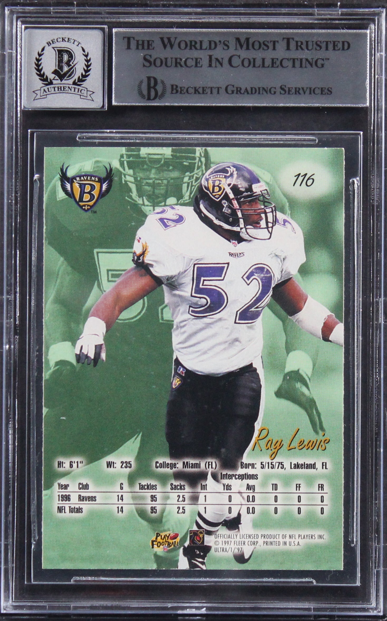 Ravens Ray Lewis Authentic Signed 1997 Ultra #116 Card Auto 10! BAS Slabbed