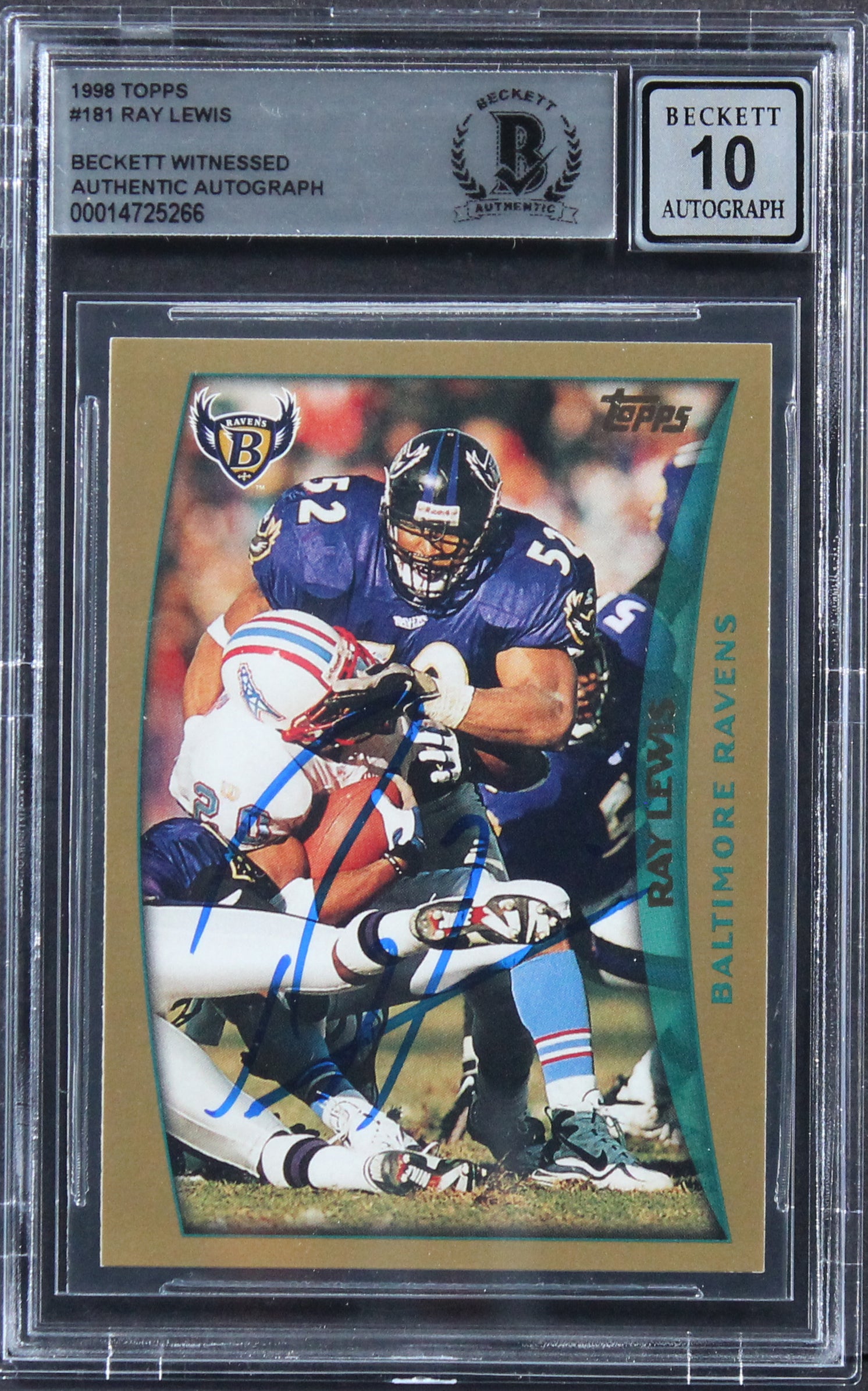 Ravens Ray Lewis Authentic Signed 1998 Topps #181 Card Auto 10! BAS Slabbed