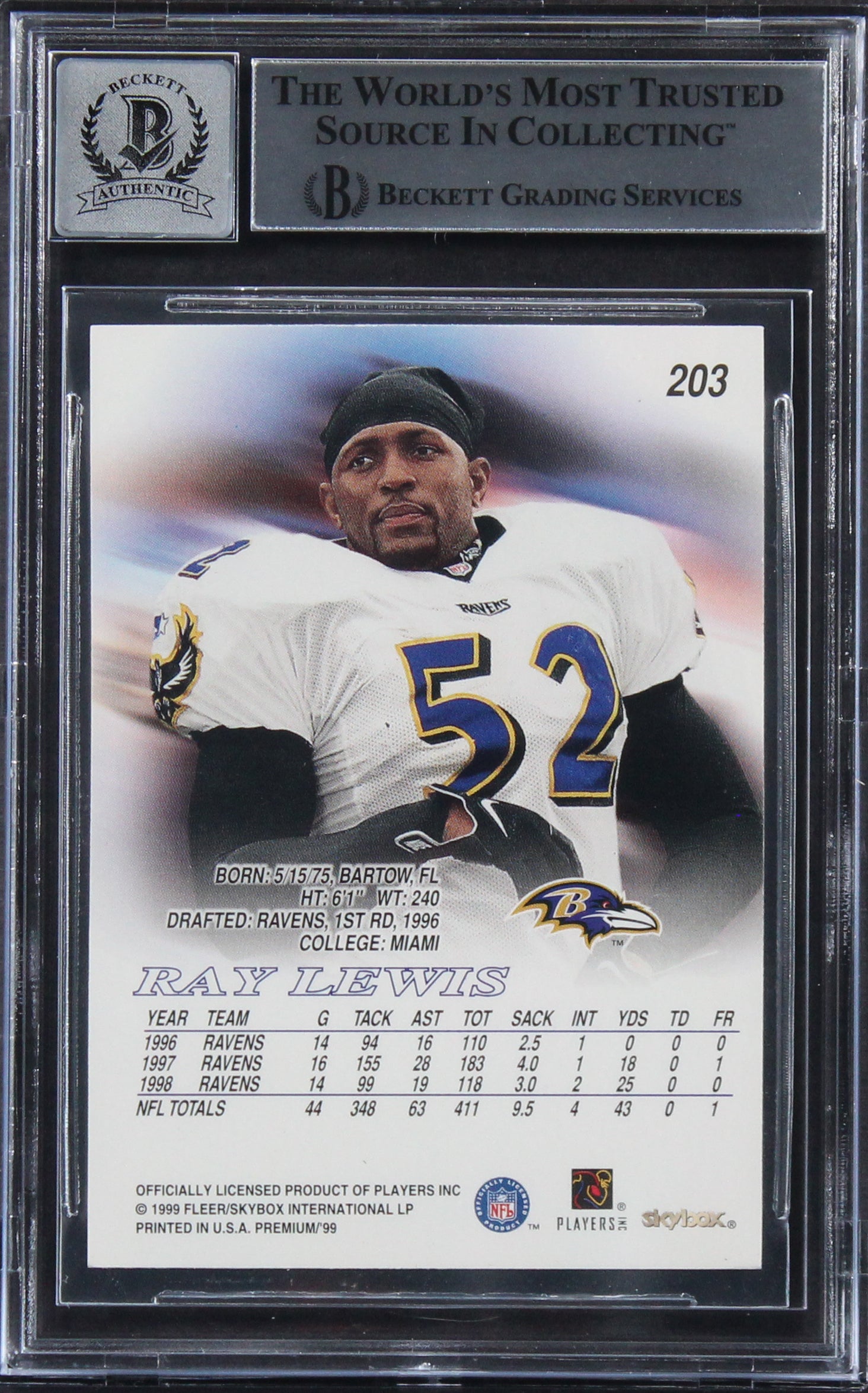 Ravens Ray Lewis Authentic Signed 1999 Skybox Premium #203 Card Auto 10 BAS Slab