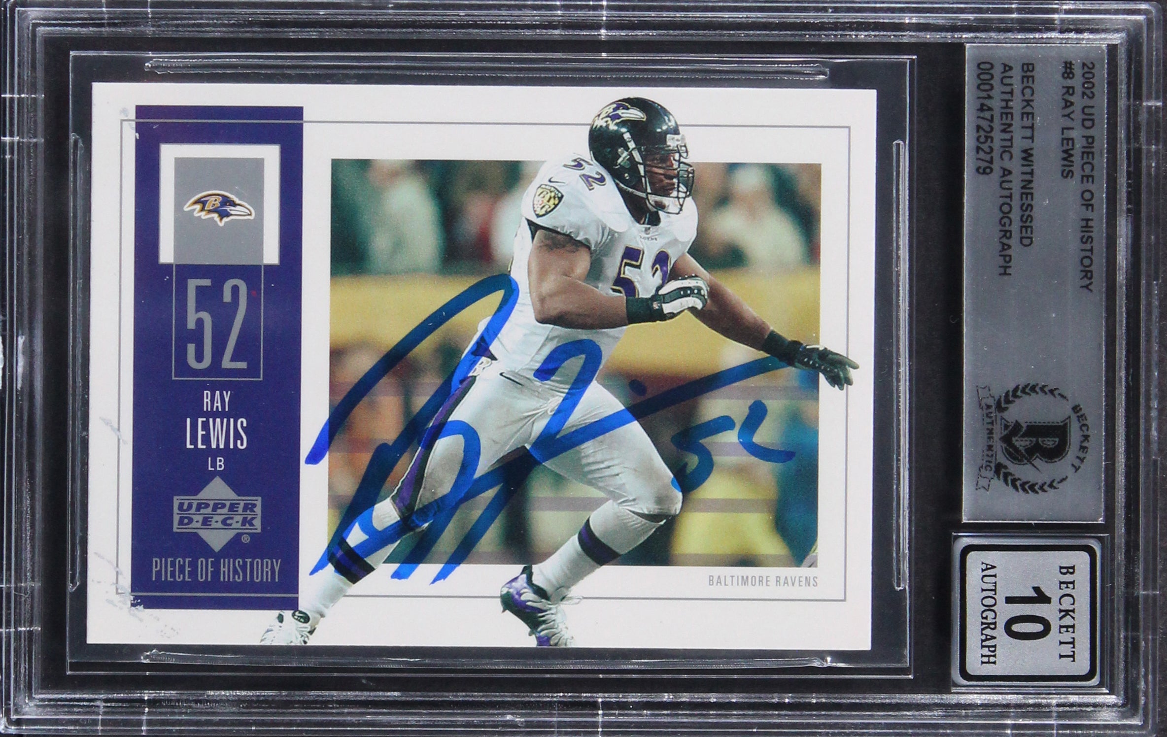 Ravens Ray Lewis Signed 2002 UD Piece Of History #8 Card Auto 10! BAS Slabbed