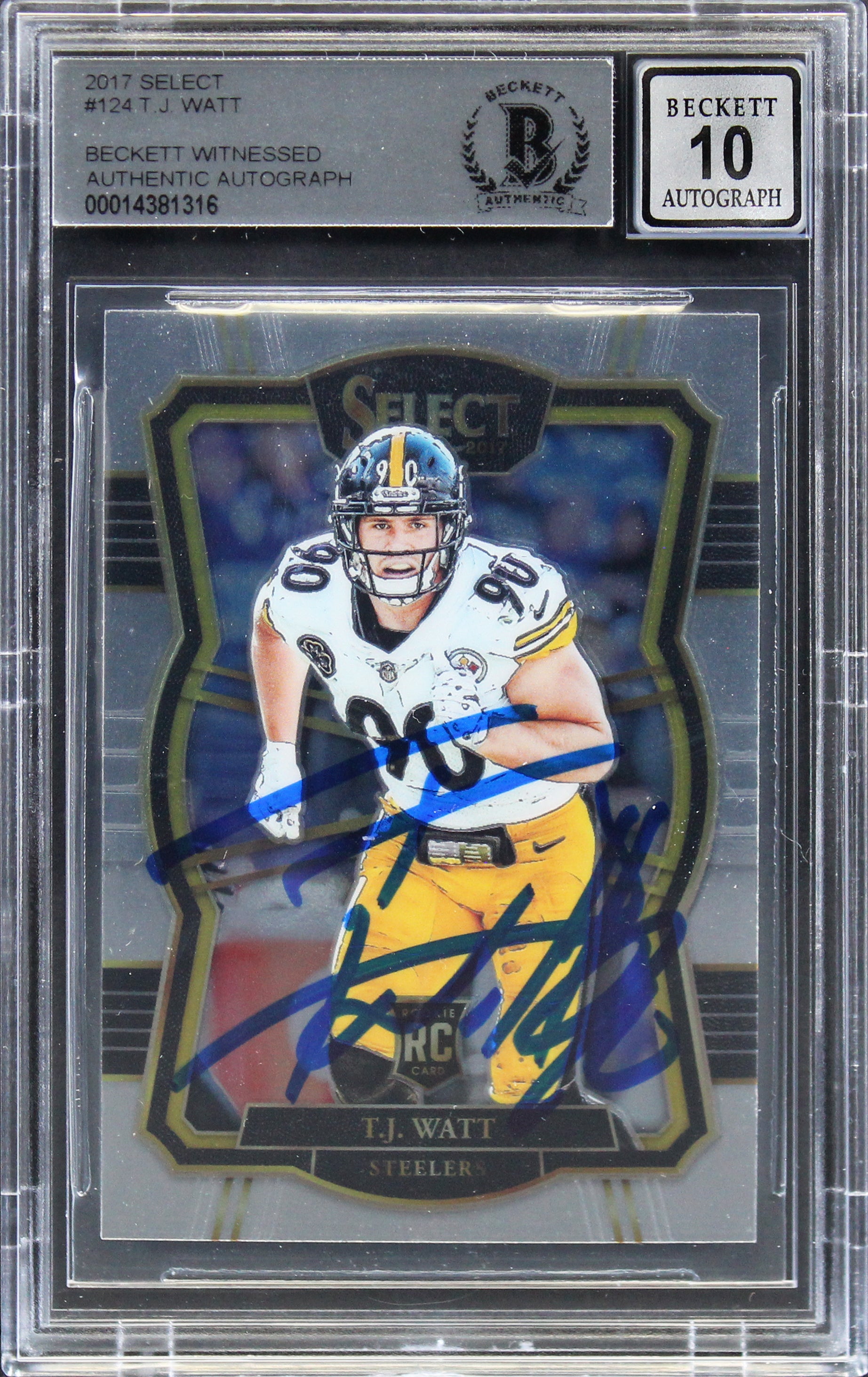 Steelers T.J. Watt Signed 2017 Select #124 Rookie Card Auto 10! BAS Slabbed