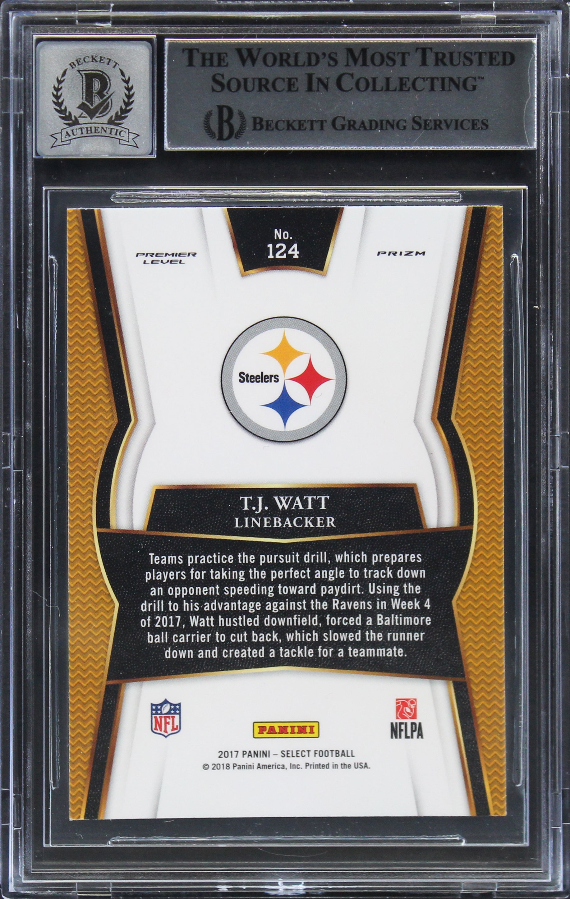 Steelers T.J. Watt Signed 2017 Select #124 Rookie Card Auto 10! BAS Slabbed