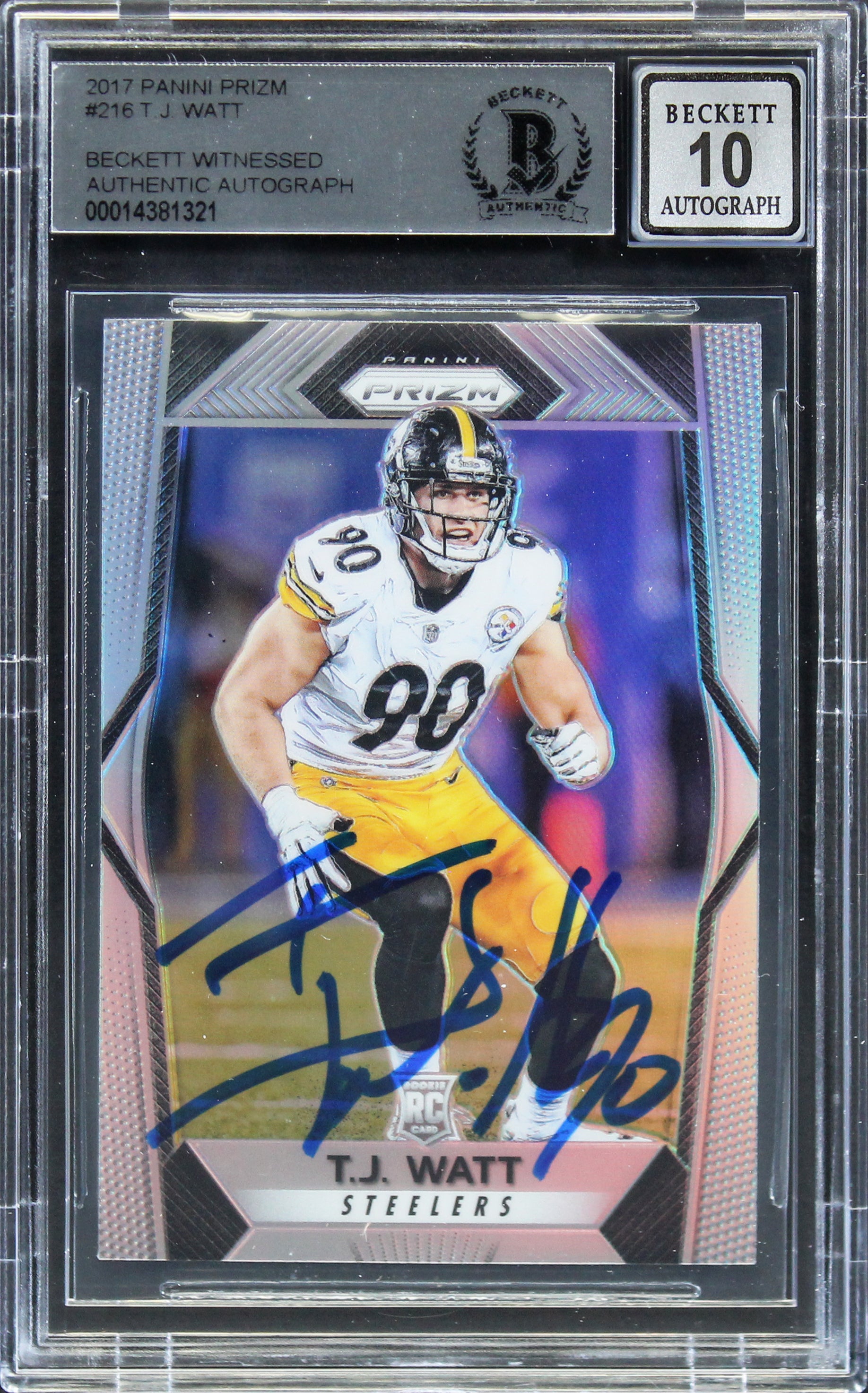 Steelers T.J. Watt Signed 2017 Panini Prizm #216 Rookie Card Auto 10 BAS Slabbed