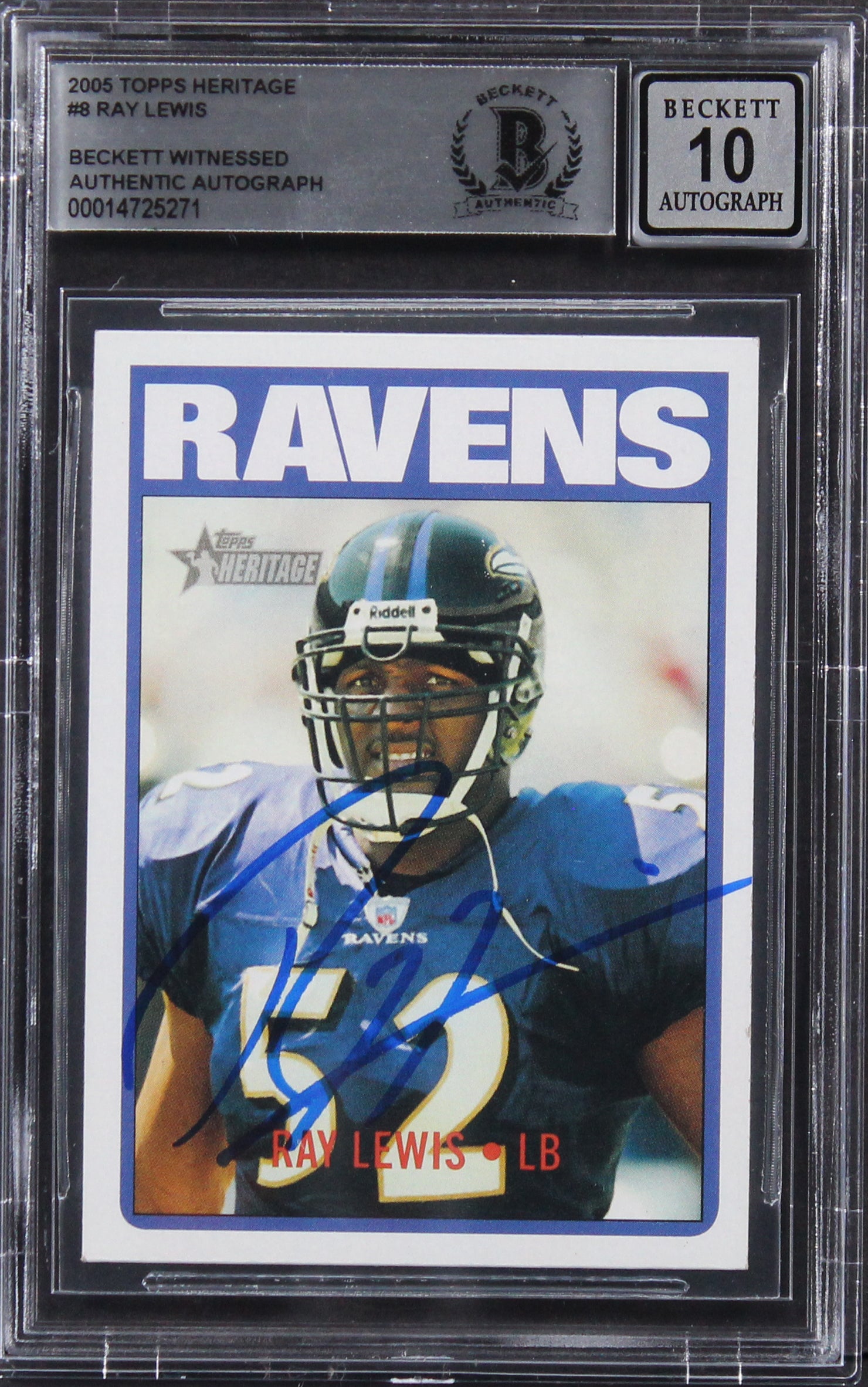 Ravens Ray Lewis Authentic Signed 2005 Topps Heritage #8 Card Auto 10! BAS Slab