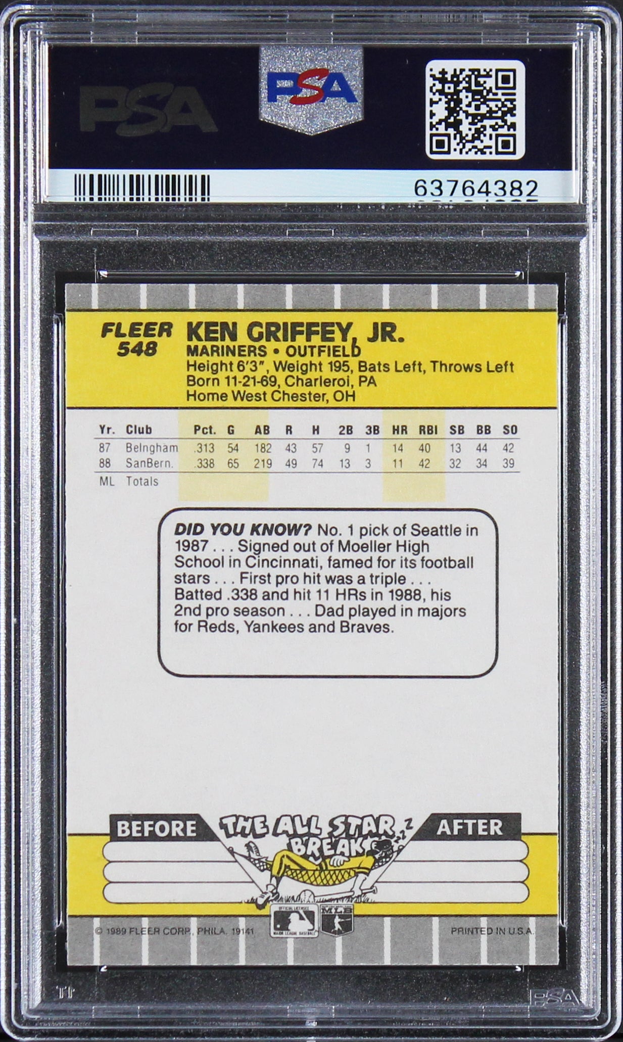 Mariners Ken Griffey Jr. Signed 1989 Fleer #548 Rookie Card Auto 10! PSA Slabbed