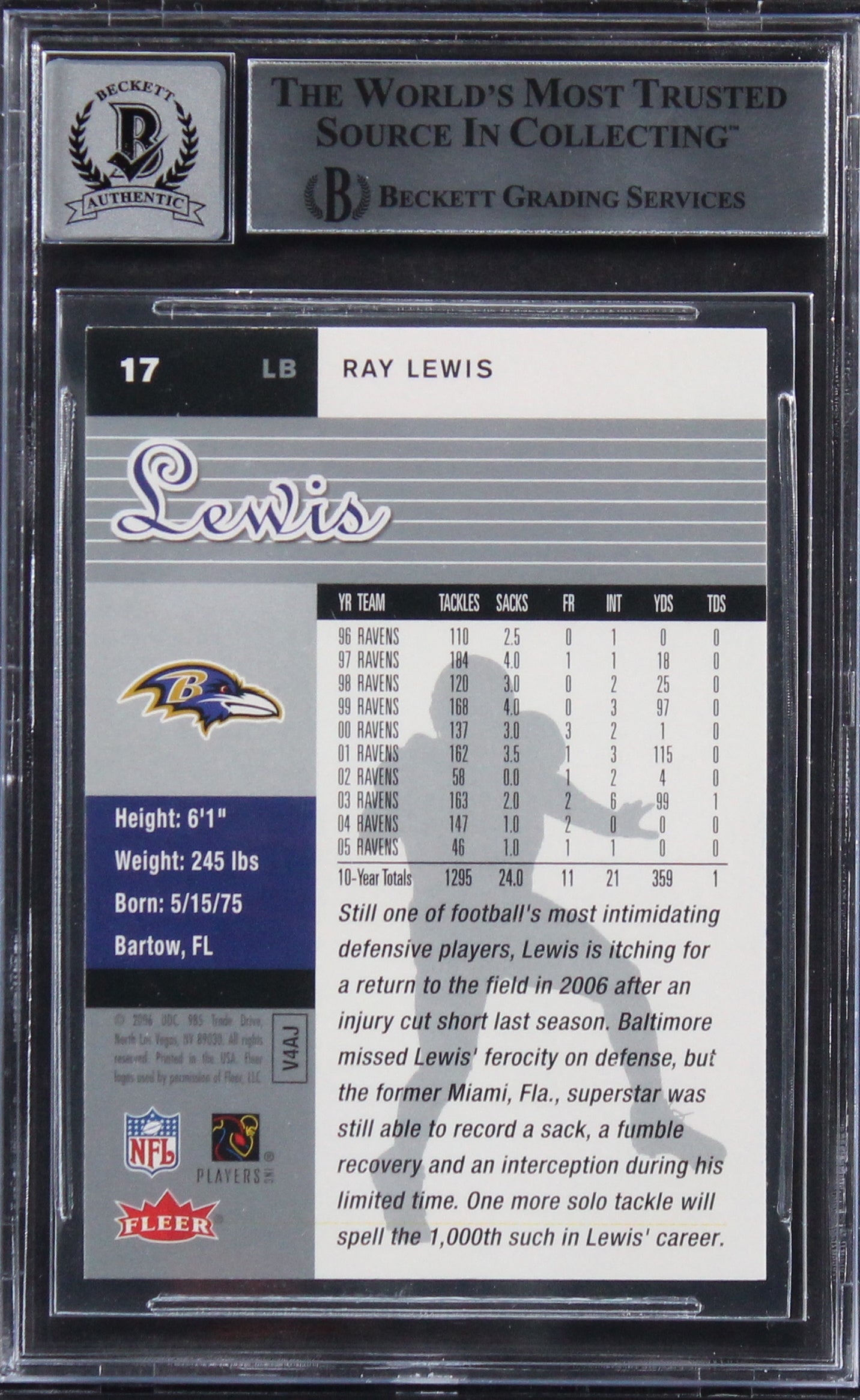 Ravens Ray Lewis Signed 2006 Ultra #17 Card Auto Graded Gem Mint 10! BAS Slabbed