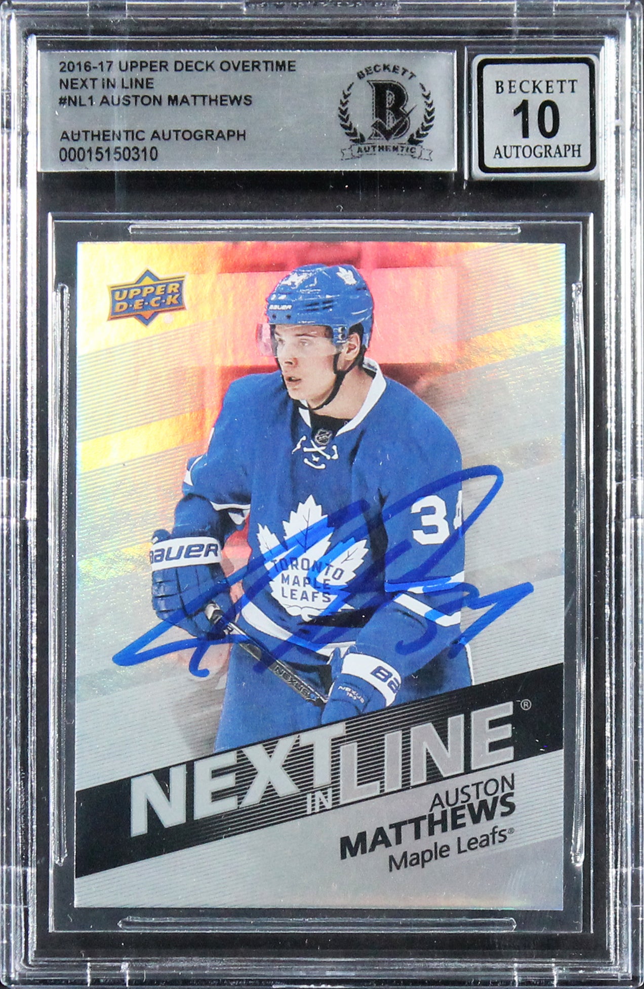 Auston Matthews Signed 2016 UD Overtime NIL #NL1 Rookie Card Auto 10! BAS Slab